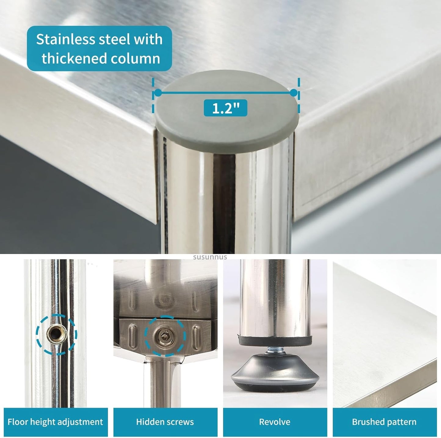 susunnus 3-Tier Stainless Steel Shelf, Heavy Duty Shelving for Kitchen, Garage, Industrial Storage, Kitchen Shelves Adjustable Feet, Easy to Clean(3T-24.8in*15.8in(Without guardrails))