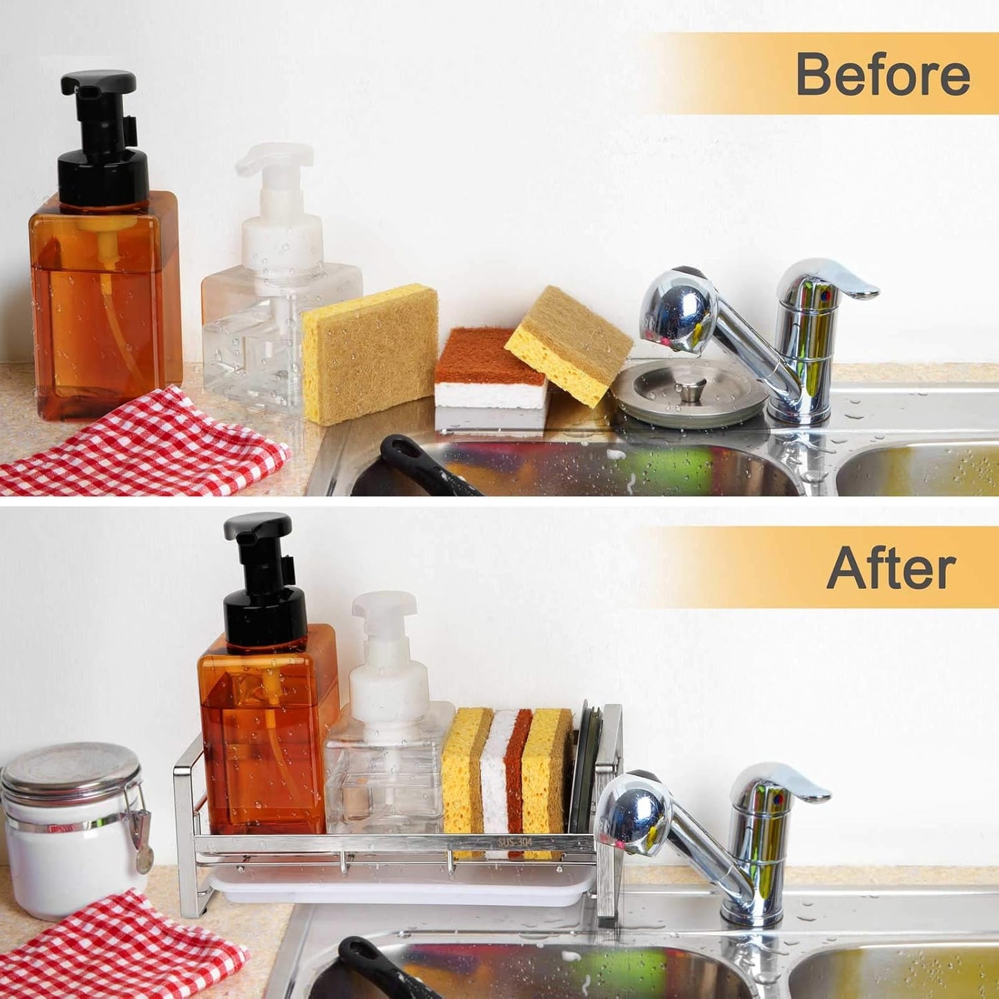 FANGSUN Large Kitchen Sponge Holder, Sink Caddy, Sponge Brush Soap Holder with Removable Tray, Not Include Soap Dispenser, Sliver