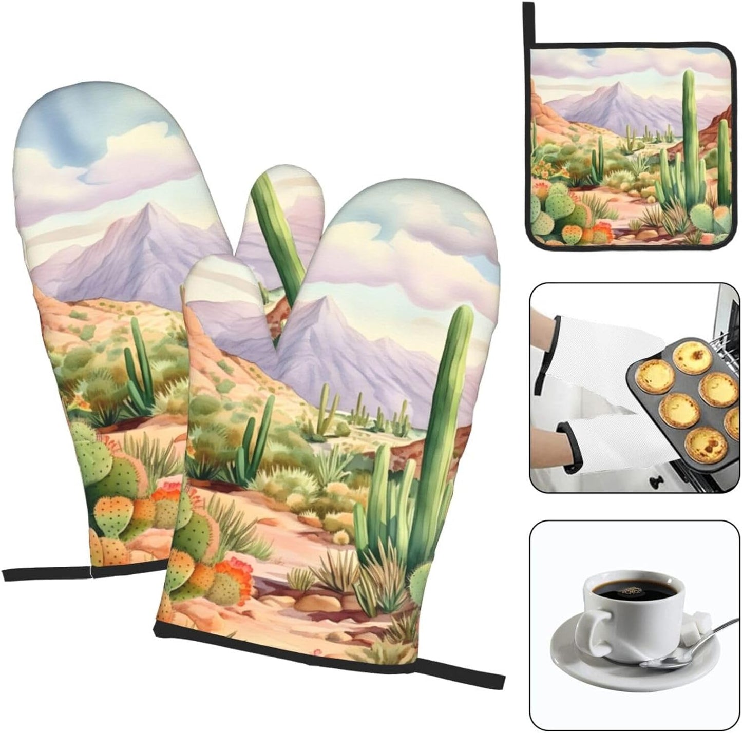 Desert Cactus Oven Mitts and Pot Holders Sets of 3 Heat Resistant Oven Gloves Hot Pads Non-Slip Kitchen Accessories for Baking Cooking Grilling BBQ