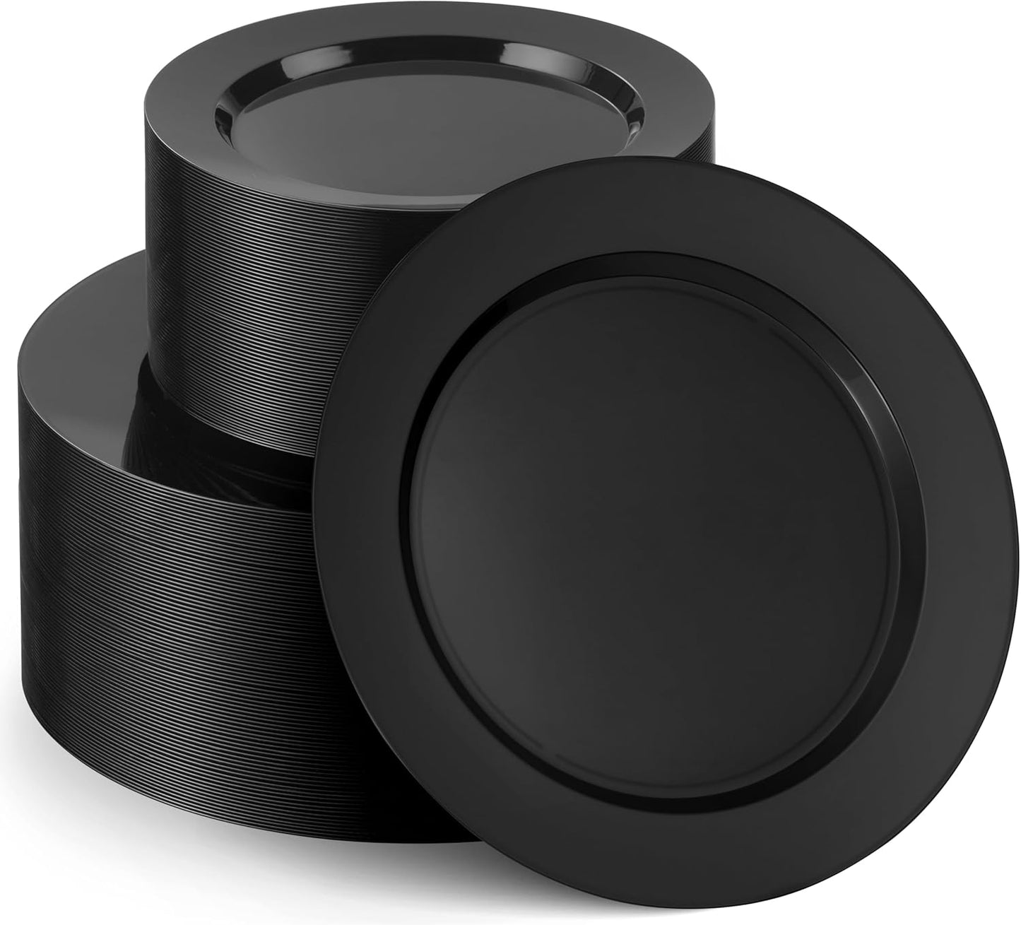 Munfix 100 Black Plastic Plates Set, 50 Pcs 10 Inch Plastic Dinner Plates and 50 Pcs 7 Inch Plastic Dessert Plates, Elegant Fancy Heavy Duty Disposable Plates for Party, Wedding, Black