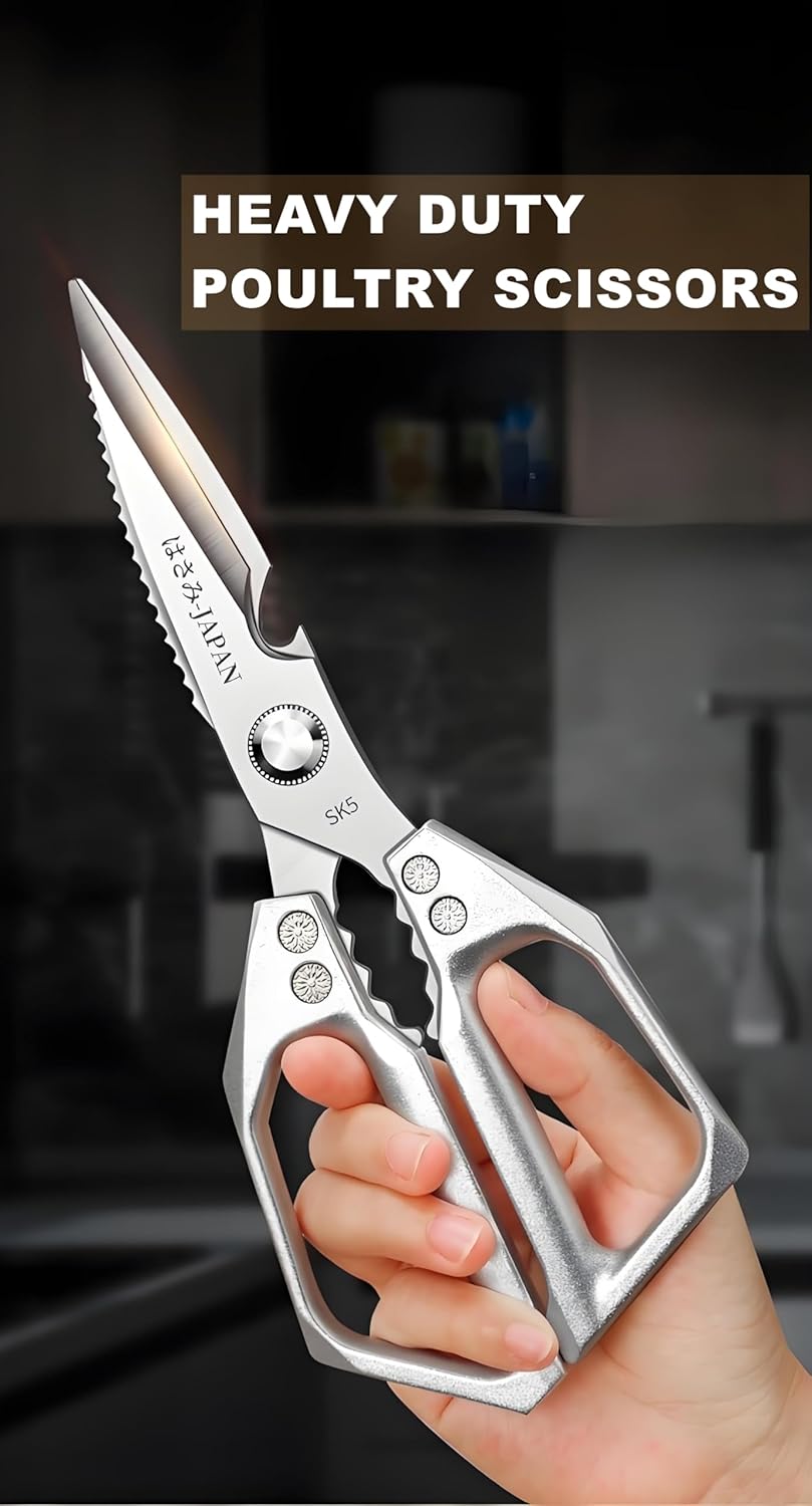 Kitchen Scissors, All Purpose,Ultra Sharp Japanese Meat Scissors,Heavy Duty Silver Cooking Scissor,Dishwash Safe Stainless Steel Kitchen Shears for Food, Chicken Bones, Turkey