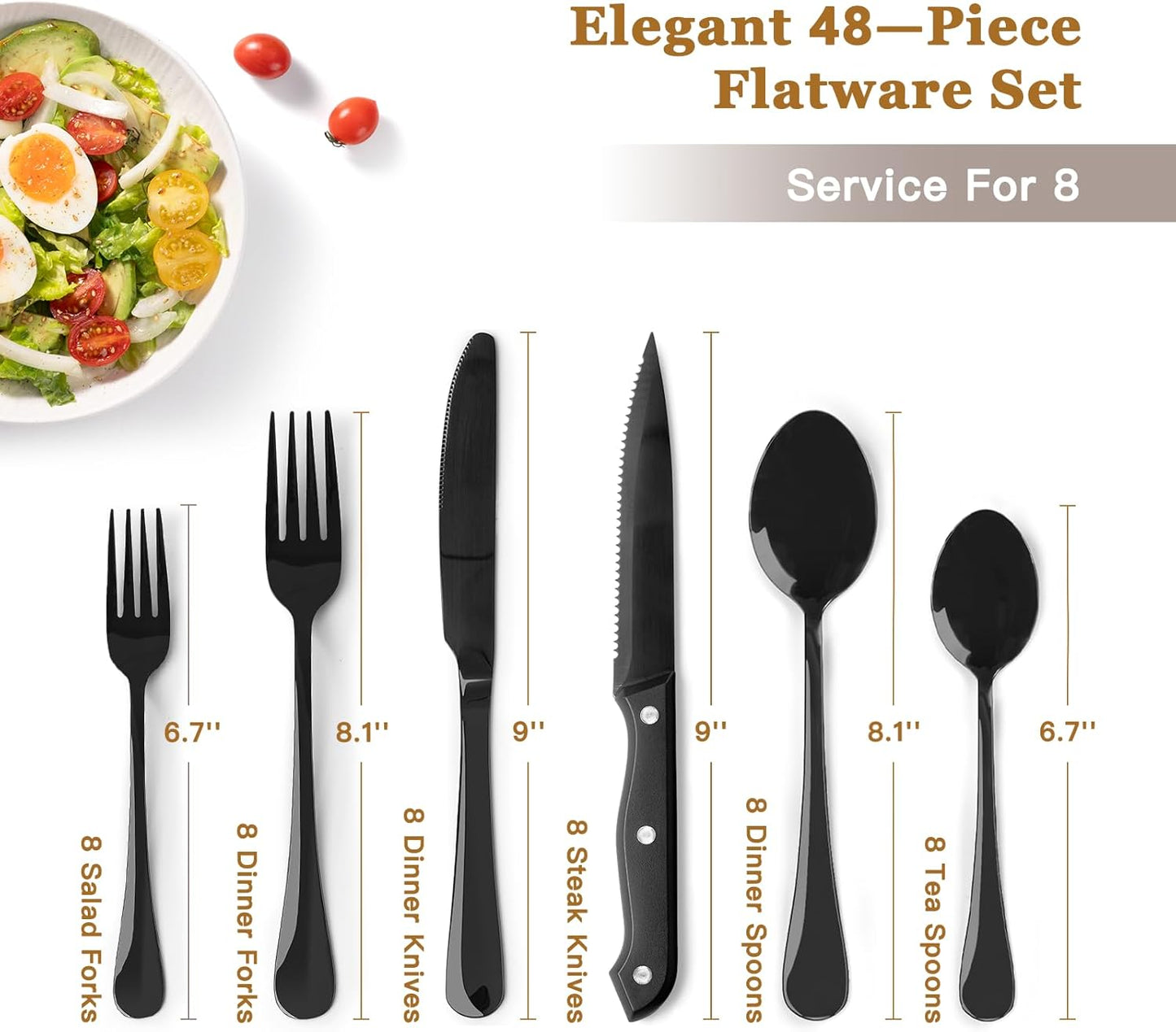 Astercook Silverware Set 48-Piece Black Flatware Set with Steak Knives Food-Grade Stainless Steel Cutlery Set for 8 Mirror Polished Utensils Set Include Spoons and Forks for Home Kitchen Restaurant