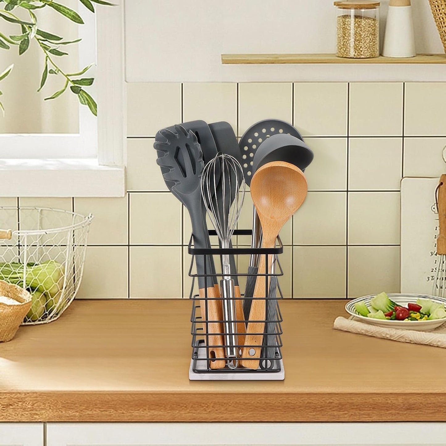 Square Kitchen Utensil Holder, Sturdy Metal Rack for Countertop Storage, Cooking Tools Organizer with Drainage Hole, Stylish Utensil Caddy for Effortless Kitchen Organization, with Marble Base