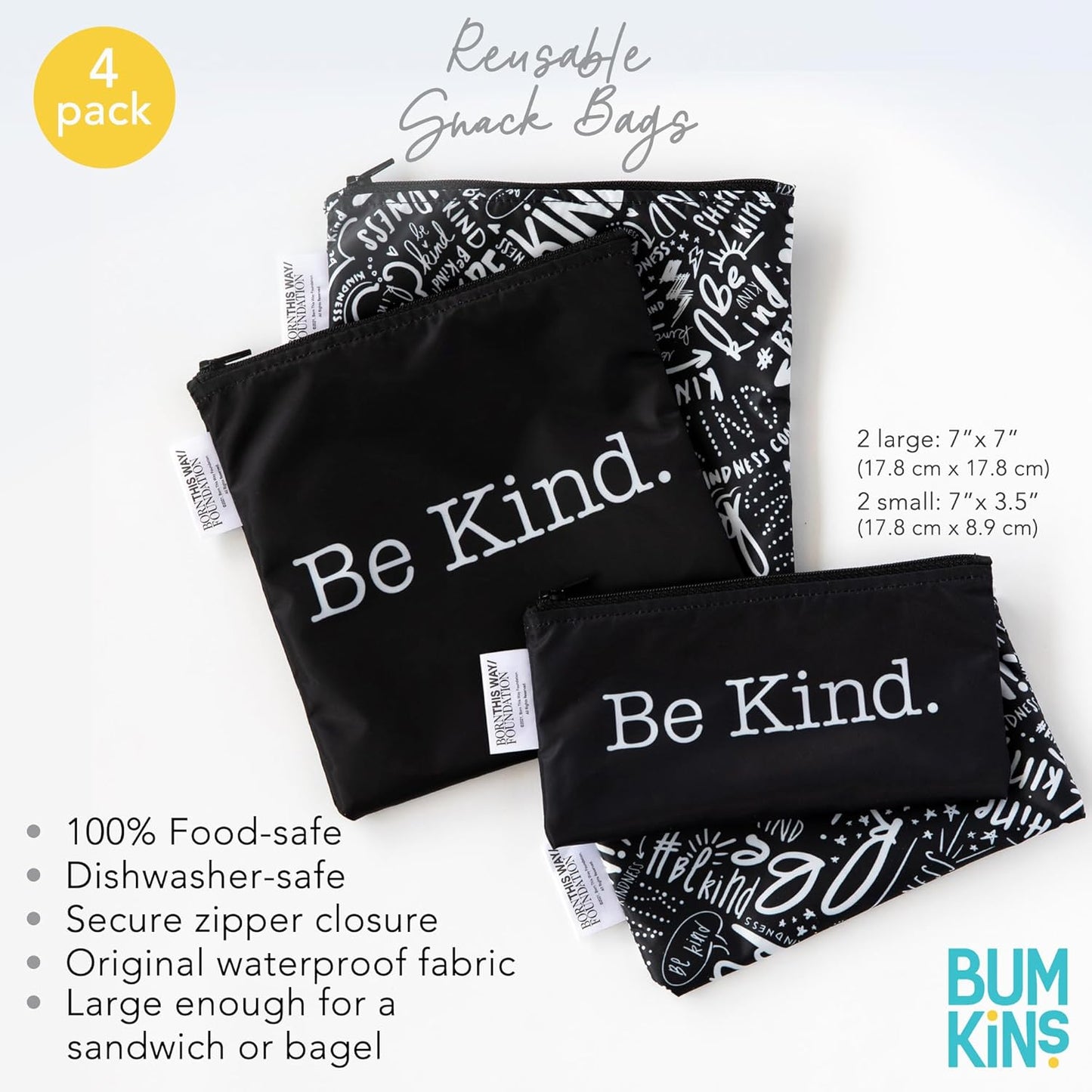 Bumkins - Cloth Snack & Sandwich Bags - For Storage, Travel, Food Prep, Lunch - Reusable, Water Resistant, Washable, Dishwasher Safe - Snack Bags for Kids - Zipper Closure - BTWF Be Kind - 4 Pack