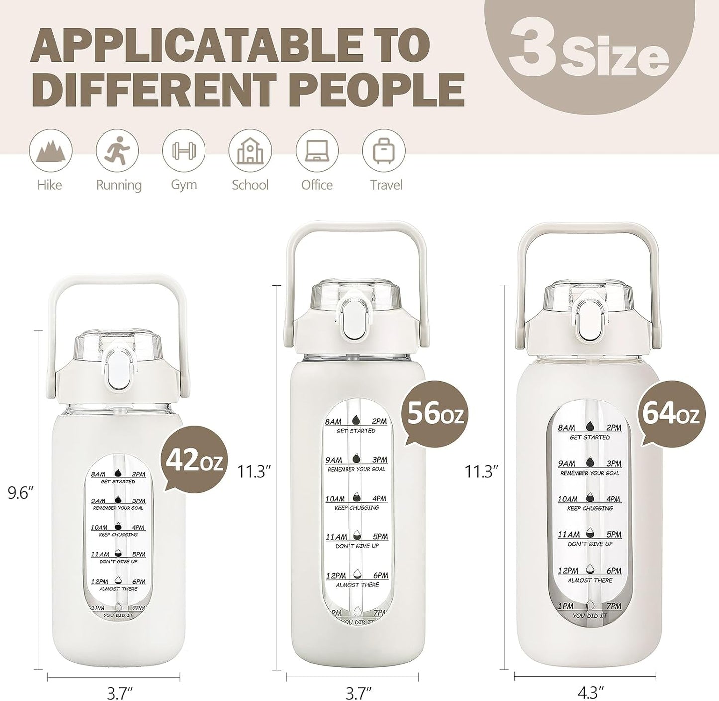 kytffu 56oz Glass Water Bottles with Straw, Motivational Glass Bottle with Silicone Sleeve and Time Marker, Leakproof Large Glass Water Jug for Gym Home Office,White