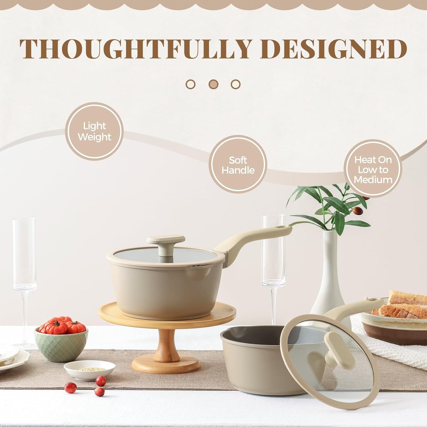 Nonstick Saucepan with Lid, 2.7 Quart Sauce Pan, Healthy Sauce Pot with Pour Spouts for Multipurpose Use, PFOA Free, Induction Compatible, Apricot