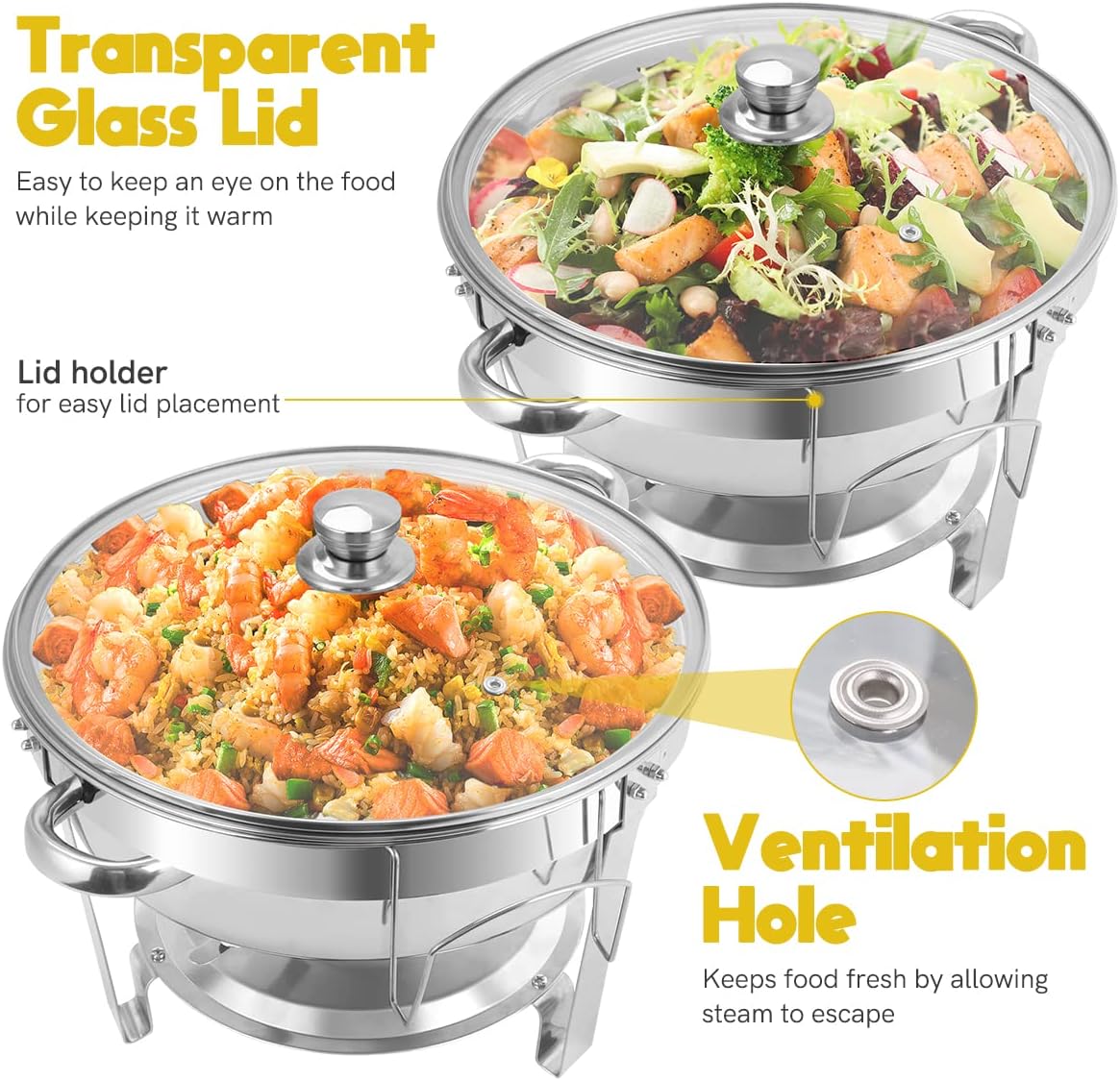 Chafing Dish Buffet Set 4 Packs, 5 QT Stainless Steel Round Chafing Dishes with Glass Lid & Lid Holder, Food Warmer for Parties Buffet Weddings Catering Events