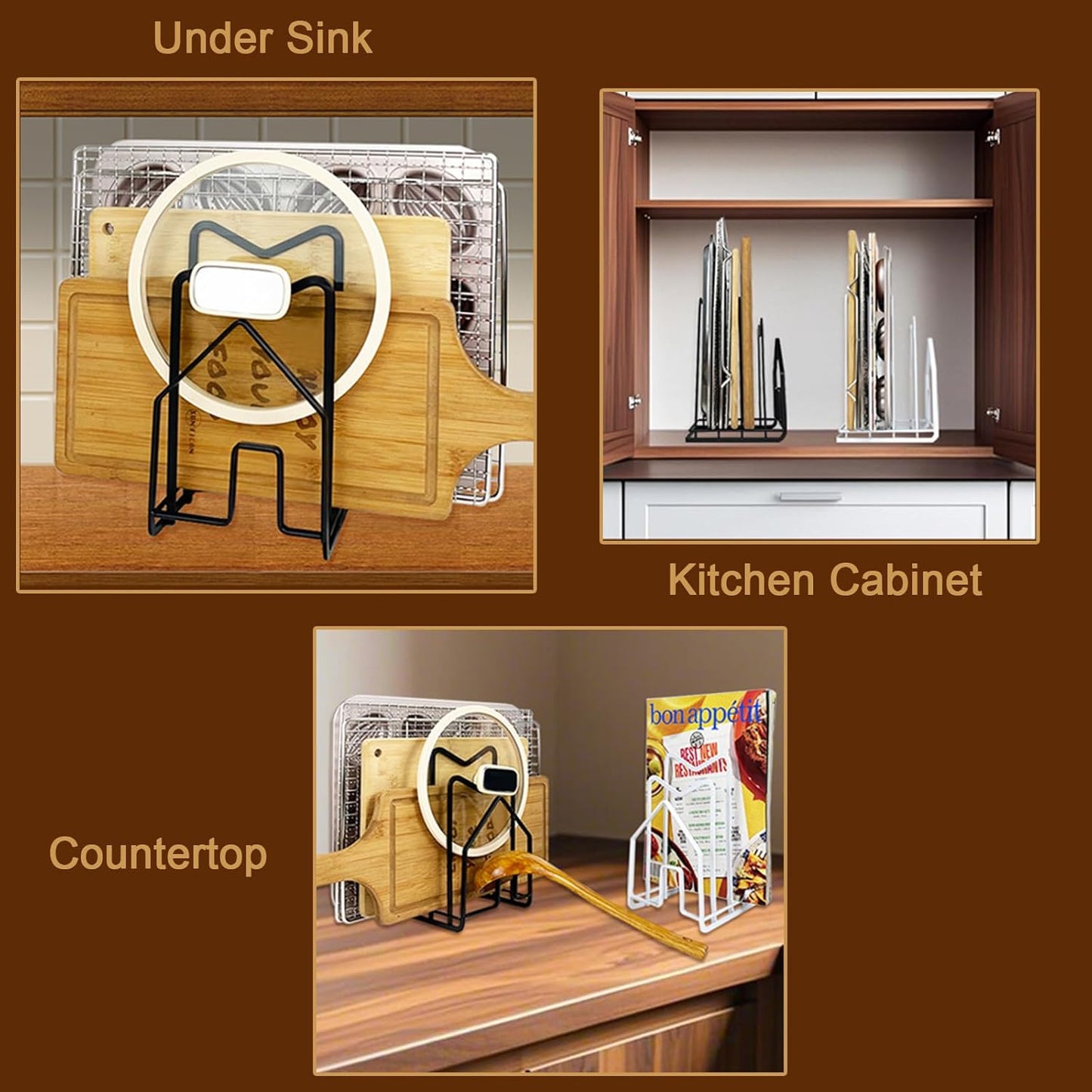 SUNFICON 2 Pack Cutting Board Racks Holders Pot Pan Lids Holders Chopping Board Organizers Thin Bakeware Trays Dry Display Stands Kitchen Countertop Cabinet Office Black