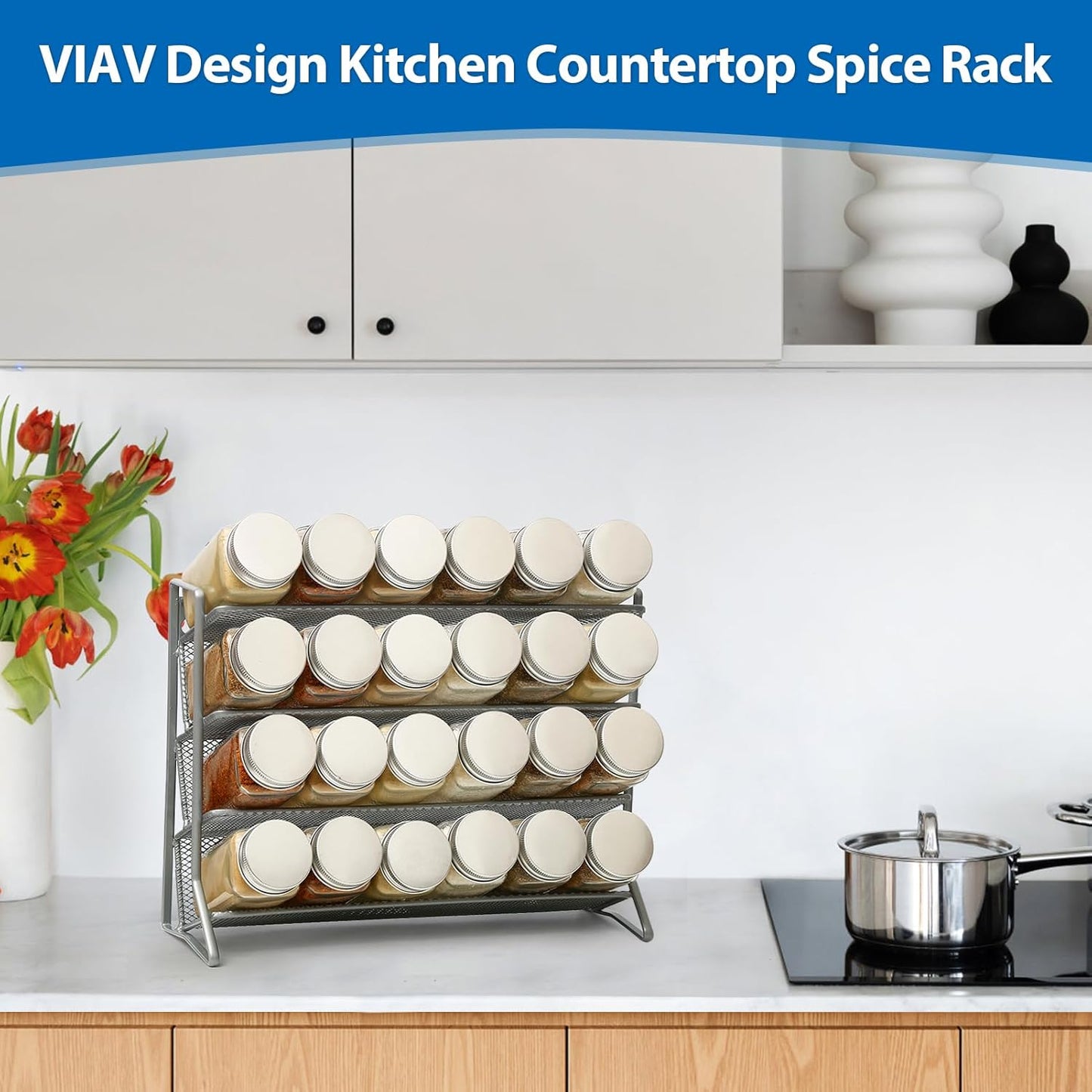 1PCS 4Tier Spice Rack for Counter Free Standing,Spice Rack for Inside Cupboard Hanging Wall Mounted Spice Seasoning Organiser Spice Jars Bottle Organizer for Kitchen Pantry(Silver)