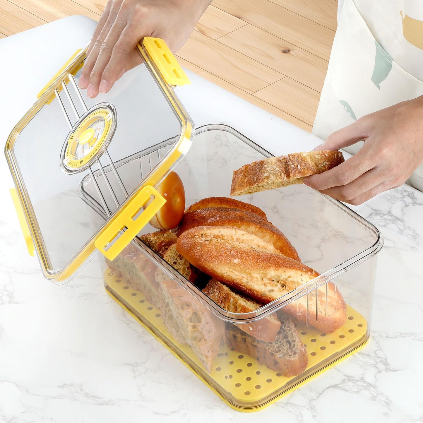 Airtight Bread Box - Clear Plastic Bread Keeper, Fresh Storage for Kitchen Countertop, Large Yellow