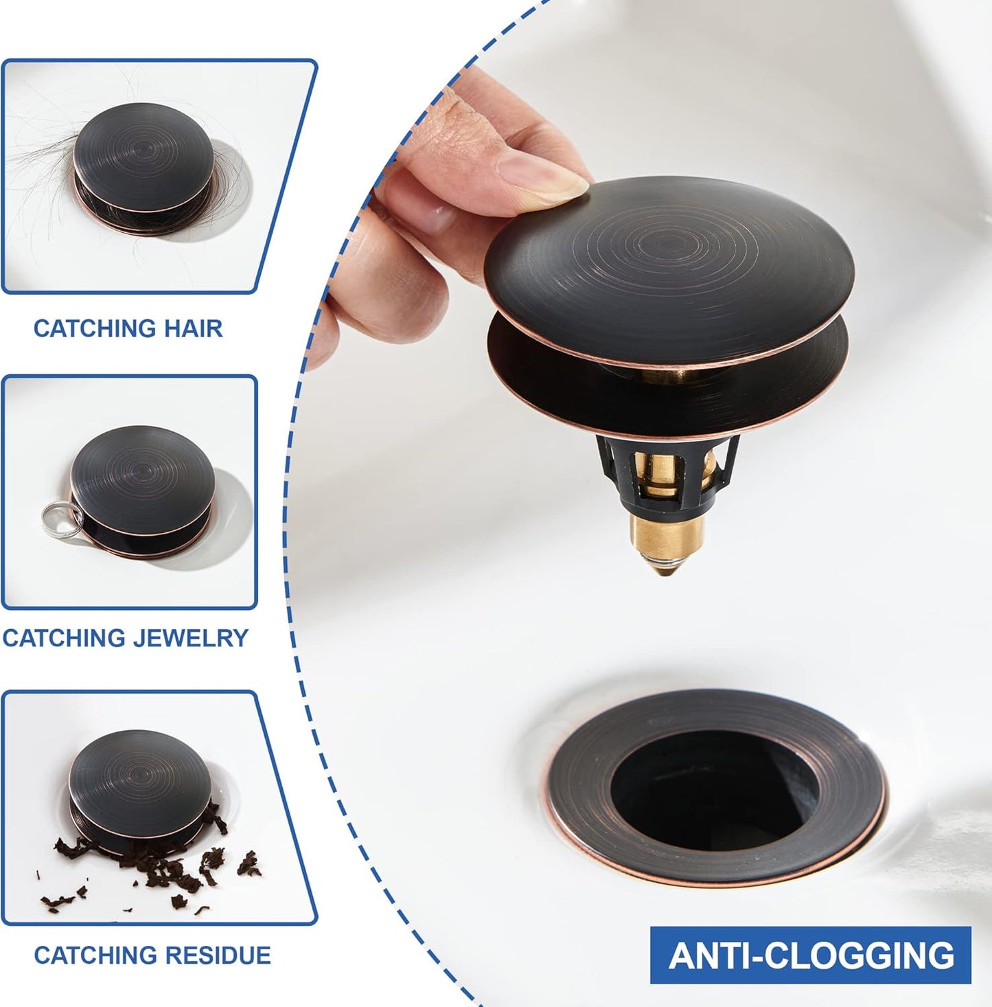 Universal 3-in-1 Bathroom Sink Stopper - Pop Up Sink Drain Stopper, Push Button Sink Drain Stopper Replacement, Wash Basin Drain Filter Plug with Anti-Clogging Strainer, Oil Rubbed Bronze