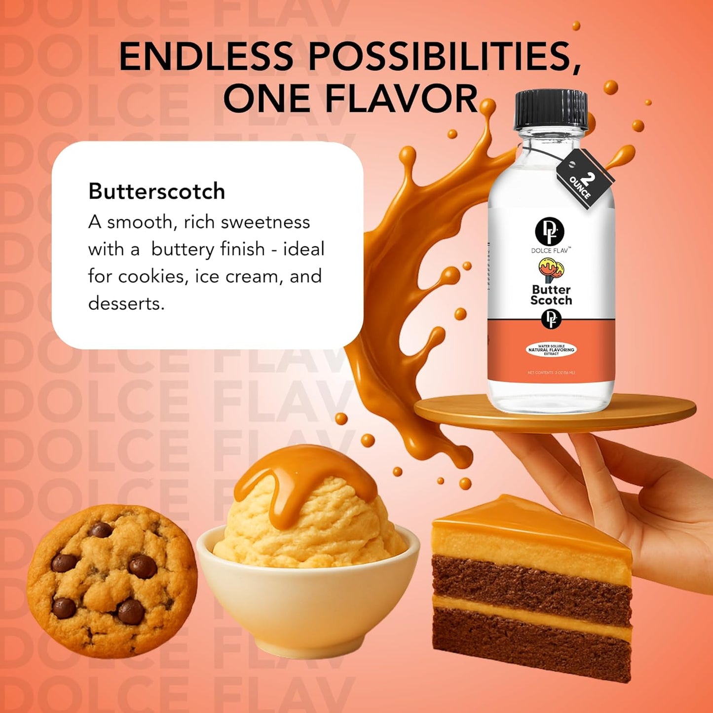 Dolce Flav Natural Butterscotch Extract 2 oz – Kosher, Sugar-Free, Concentrated Rich Butterscotch Flavoring for Baking, Beverages & Desserts, Includes Measured Dropper