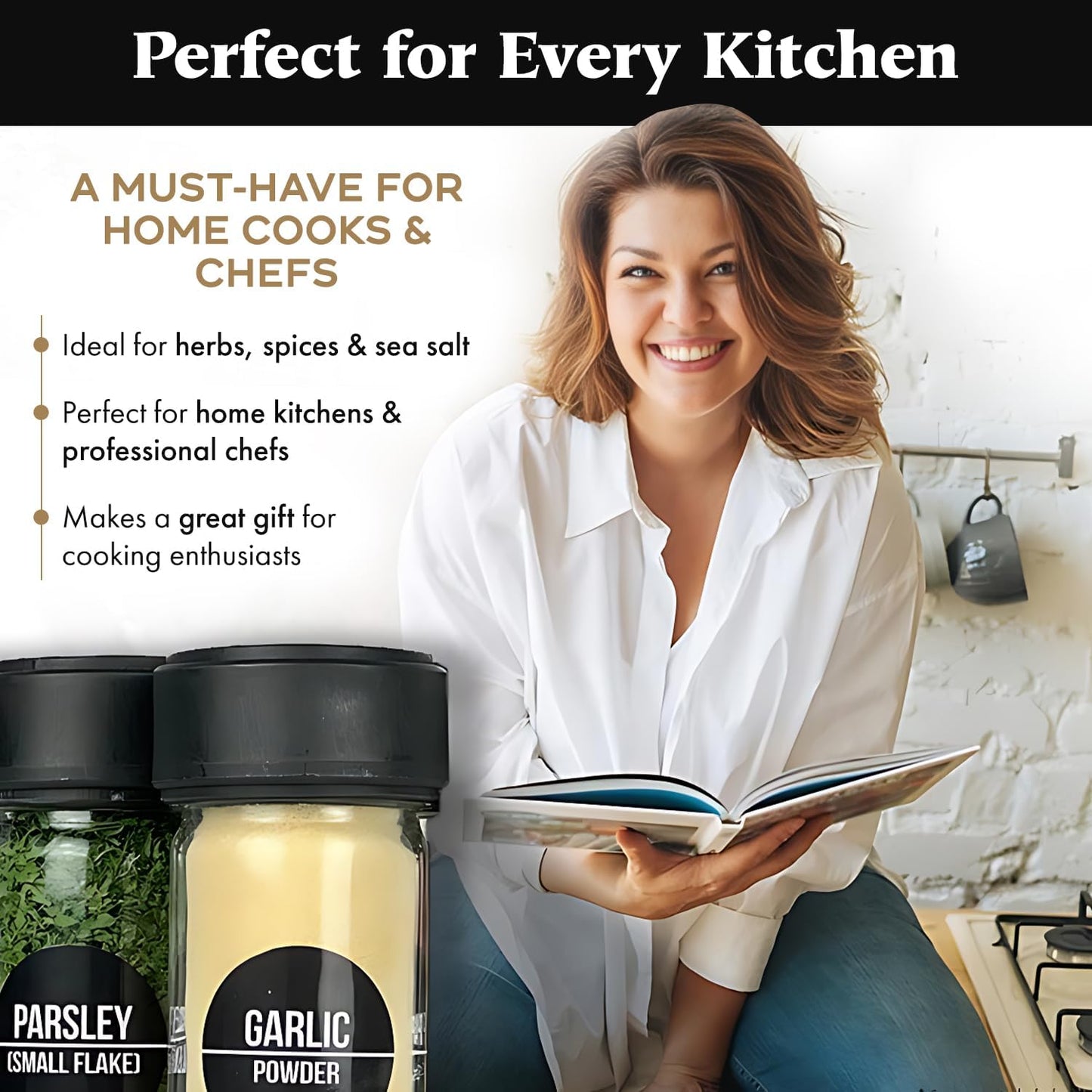 Glass Spice Jars & Measuring Cap Set - Twist to Dispense 1/4 Tsp Per Turn for Precise Cooking - Glass Jars with Lids Keep Kitchen Organized & Tidy - Enjoy Round Spice Jar Without Mess-12Pack