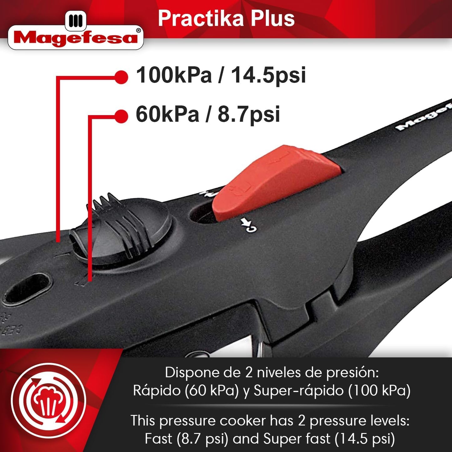 MAGEFESA Practika Plus 6.3-Quart Pressure Cooker – 18/10 Stainless Steel, Induction Compatible, 5-Layer Heat Diffuser Bottom, 5 Safety Systems, Even Heat Distribution