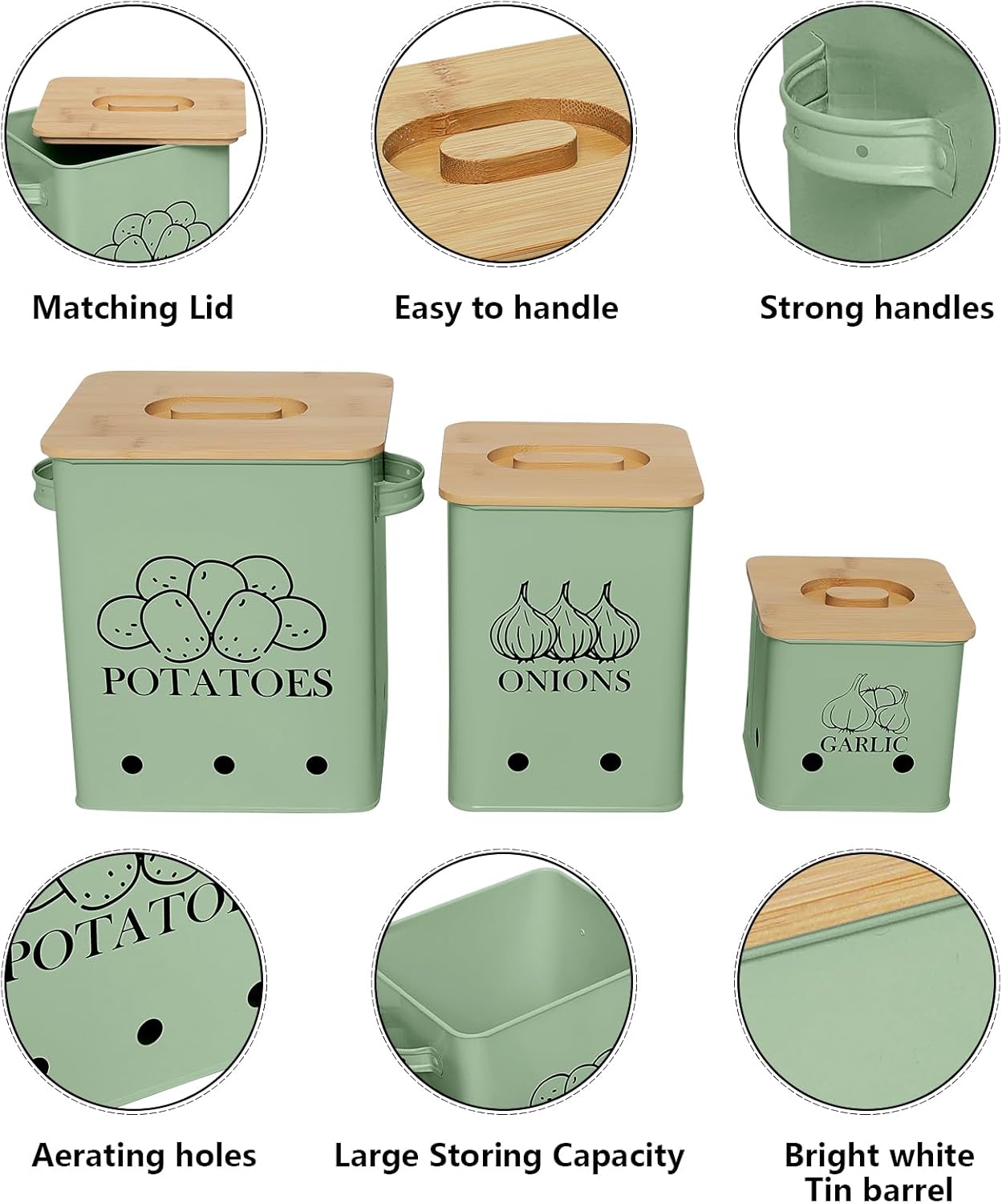 Kitchen Canisters Set, Storage Bin for Potato Onion & Garlic, 3 Pack Set Countertop Pots Containers with Wooden Lid - Potato Storage, Garlic Bin, Onion Keeper Tin with Aerating Holes-Green