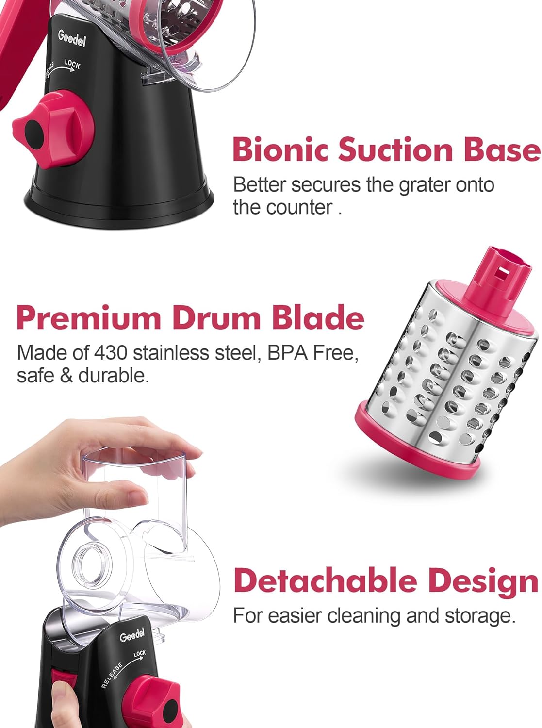 Geedel Rotary Cheese Grater, Kitchen Mandoline Vegetable Slicer with 3 Interchangeable Blades, Easy to Clean Rotary Grater Slicer for Fruit, Vegetables, Nuts