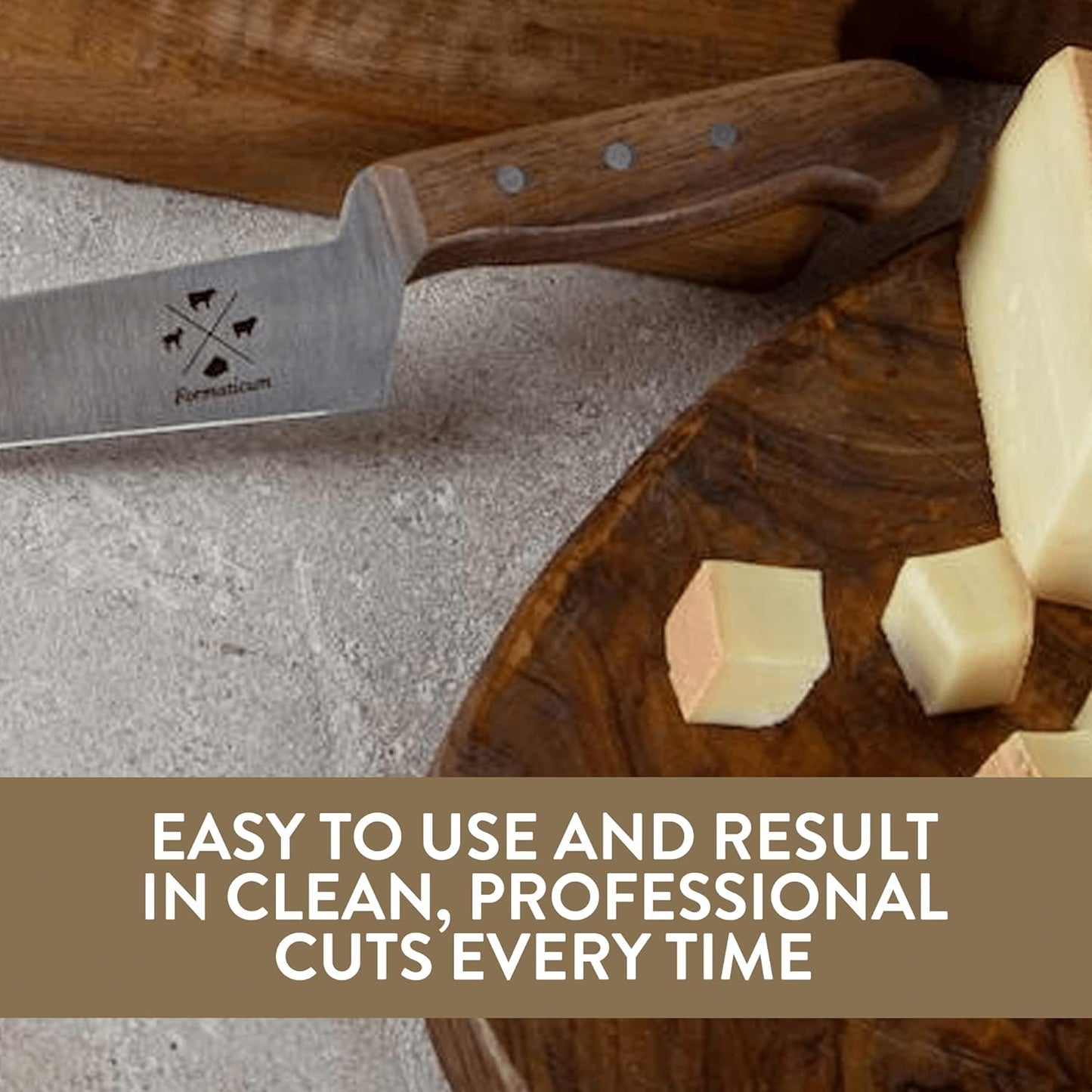 Formaticum - Professional Tasting Cheese Knife - 7" x 1.25" All Types of Cheese Slicer, Stainless Steel Blade, Fork Tip and Walnut Handle, Great Cheese Charcuterie Accessories - Handmade in Italy