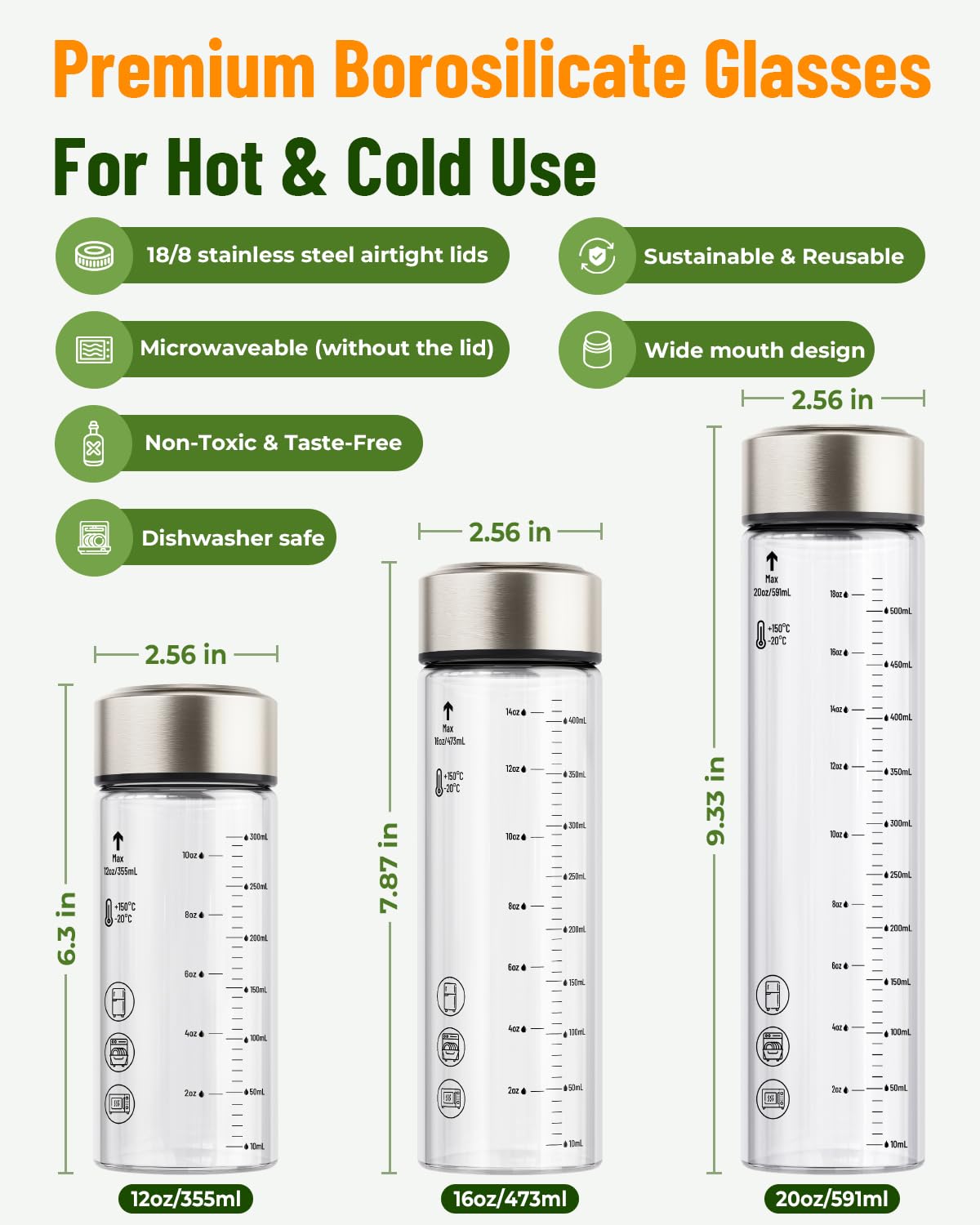 Zukro 16 oz Borosilicate Glass Water Bottles with Stainless Steel Lids and Measurement| Reusable Leakproof Drinking Bottles for Juicing, Smoothie, Protein| 4 Pack Wide Mouth BPA-Free Juice Container