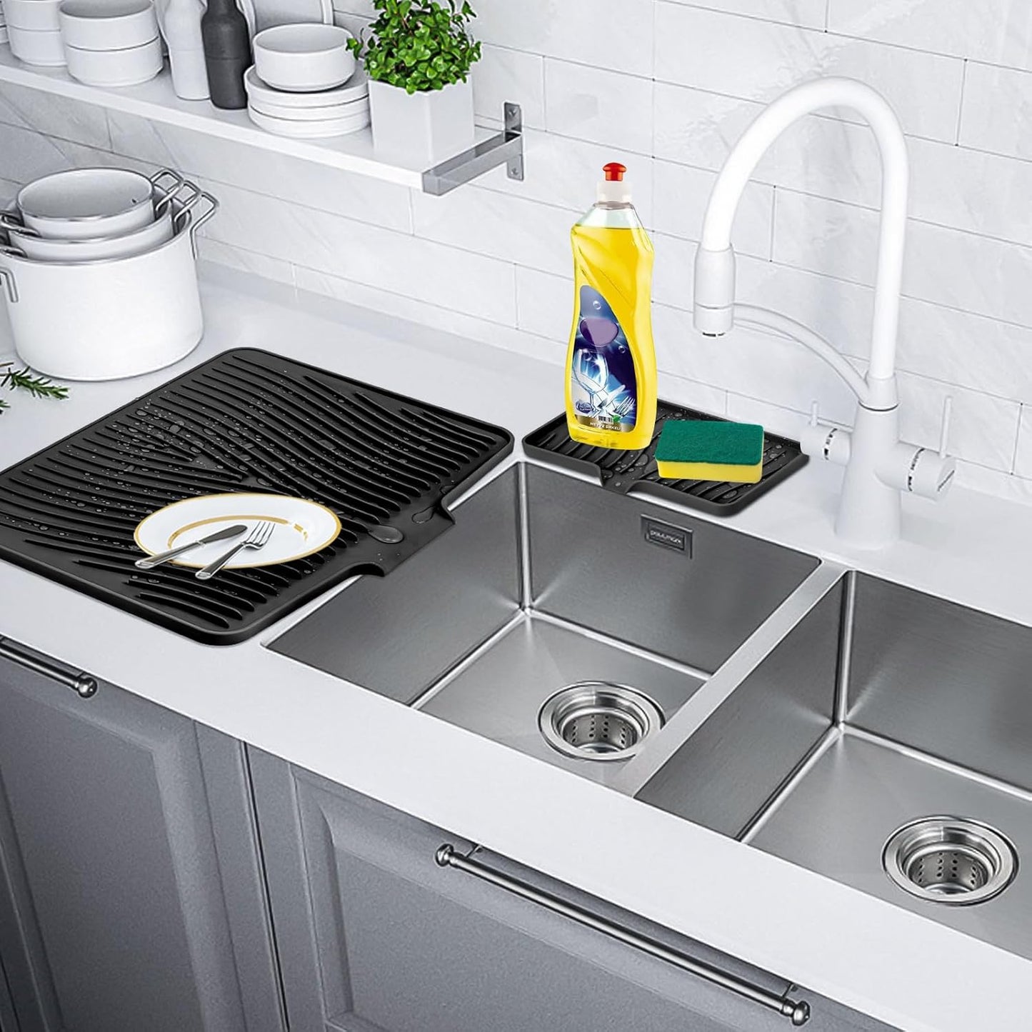 Silicone Dish Drying Mat for Kitchen Counter, Dish Drying Pad, Non-Slip Drain Pad with Built-in Drain, Heat Resistant Stone Drying Mat, 1 set XL(Black)