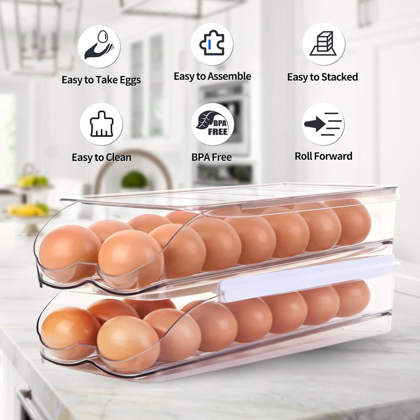 Egg Holder for Fridge, Automatic Rolling Egg Container for Refrigerator, Stackable Fridge Organizers and Storage with Lid, Clear Plastic Egg Dispenser,Bin & Tray (1 Tier)