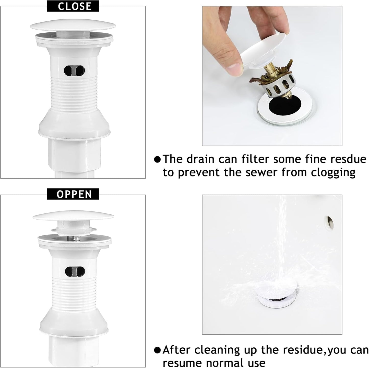 Bathroom Sink Drain,Drain Stopper Bathroom Sink with Overflow,Pop Up Drain Assembly with Detachable Strainer Basket,Built-in Anti-Clogging, Stainless Steel Nut White