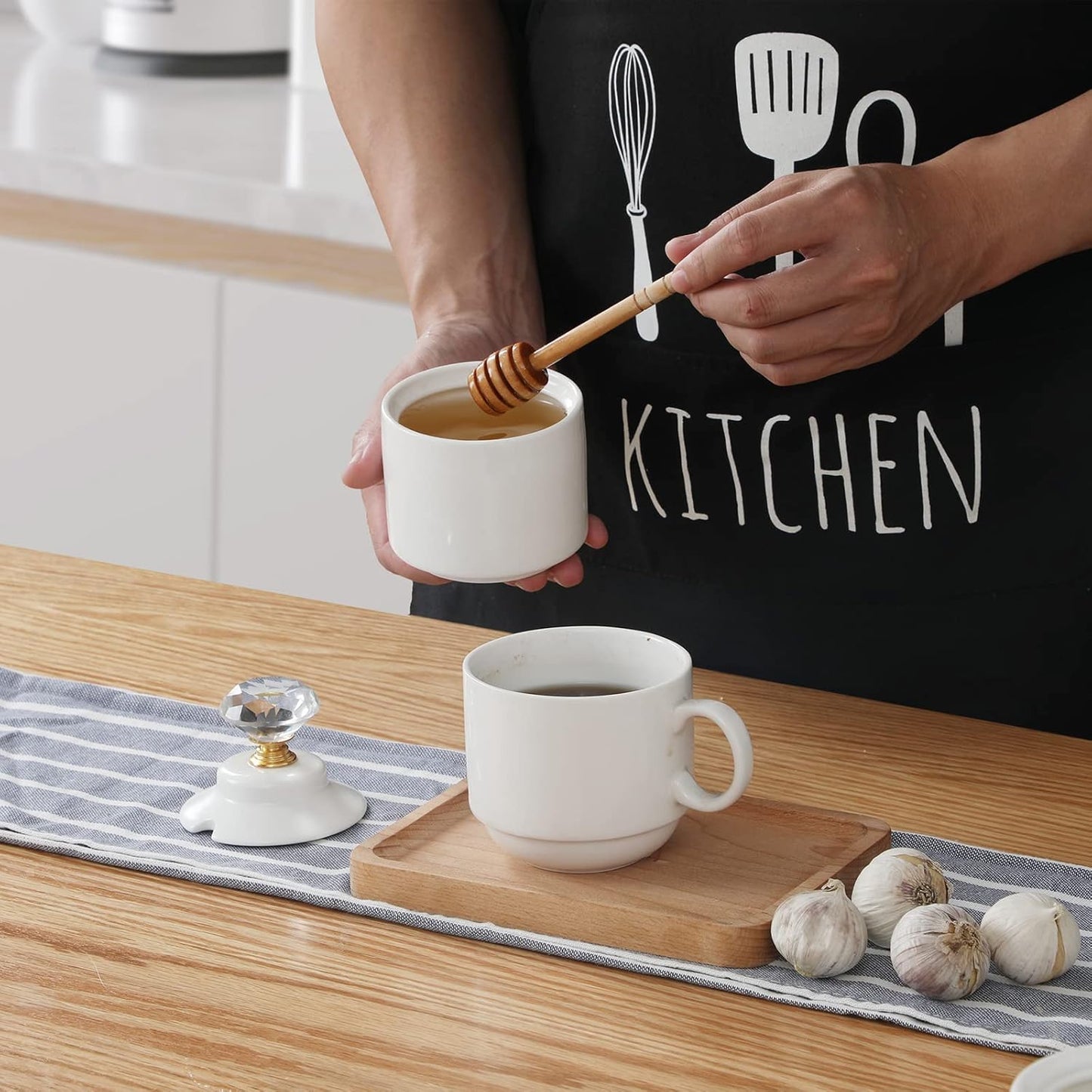 Ceramic Honey Jar with Dipper and Crystal Lid, Small Honey Pot for Home Kitchen, 8oz (Gold)