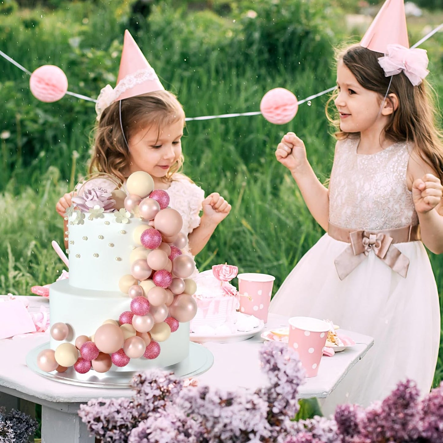 48 Pcs Balls Cake Topper Decorations Balloon Cupcake Toppers Foam Cake Topper Balls for Birthday Party Wedding Cake Deco(Glitter Pink, Rose Gold, Light Brown, Apricot)