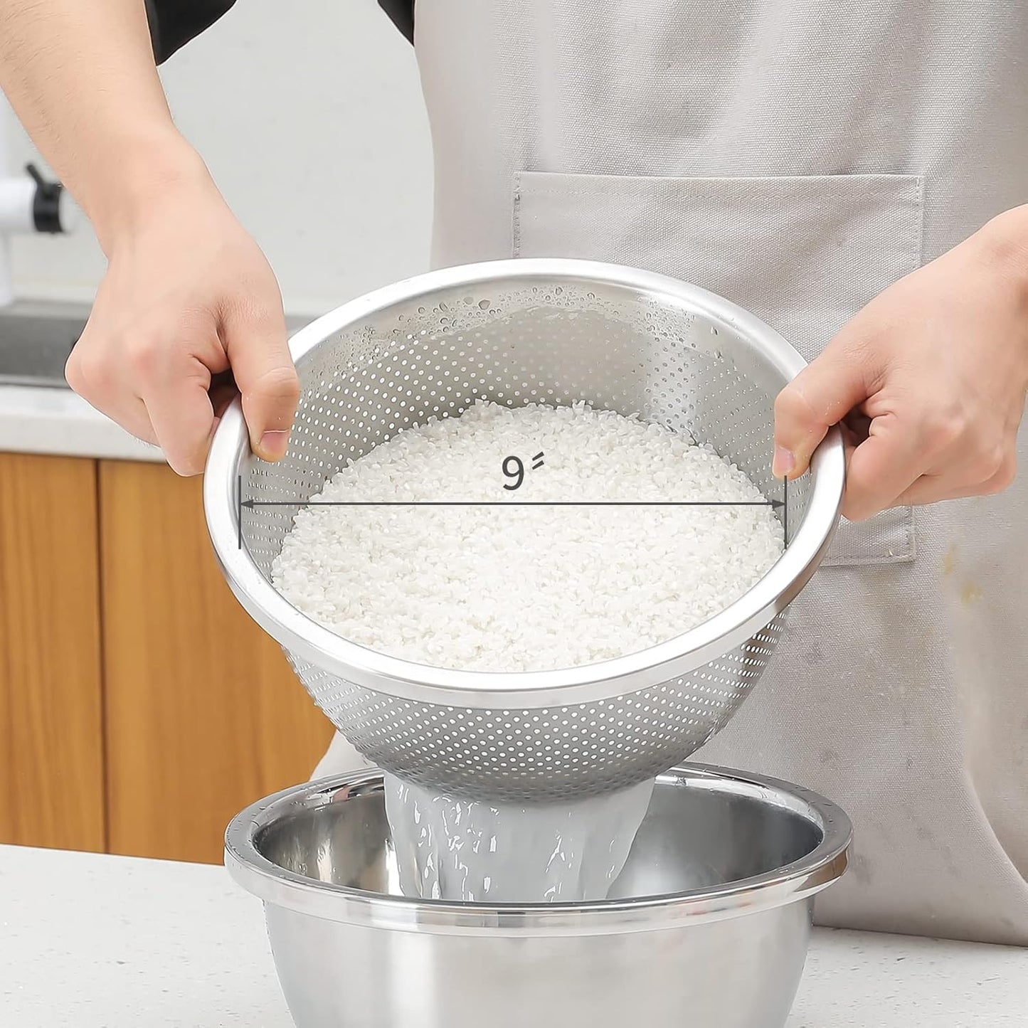 304 Stainless Steel Microporous Colander, 3.5QT Large Capacity with Mixing Bowl For washing vegetables fruit and rice and for draining cooked pasta(2PC)