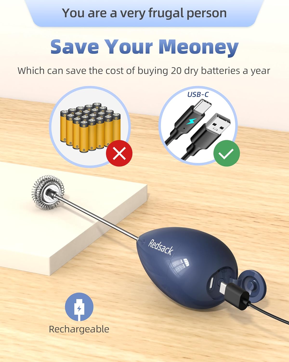 Milk Frother Handheld with Case,USB C Rechargeable Frother Wand for Coffee, Portable Electric Whisk with Stand,Waterproof Hand Drink Mixer Travel for Lattes, Cappuccino, Matcha, Egg (Navy blue)