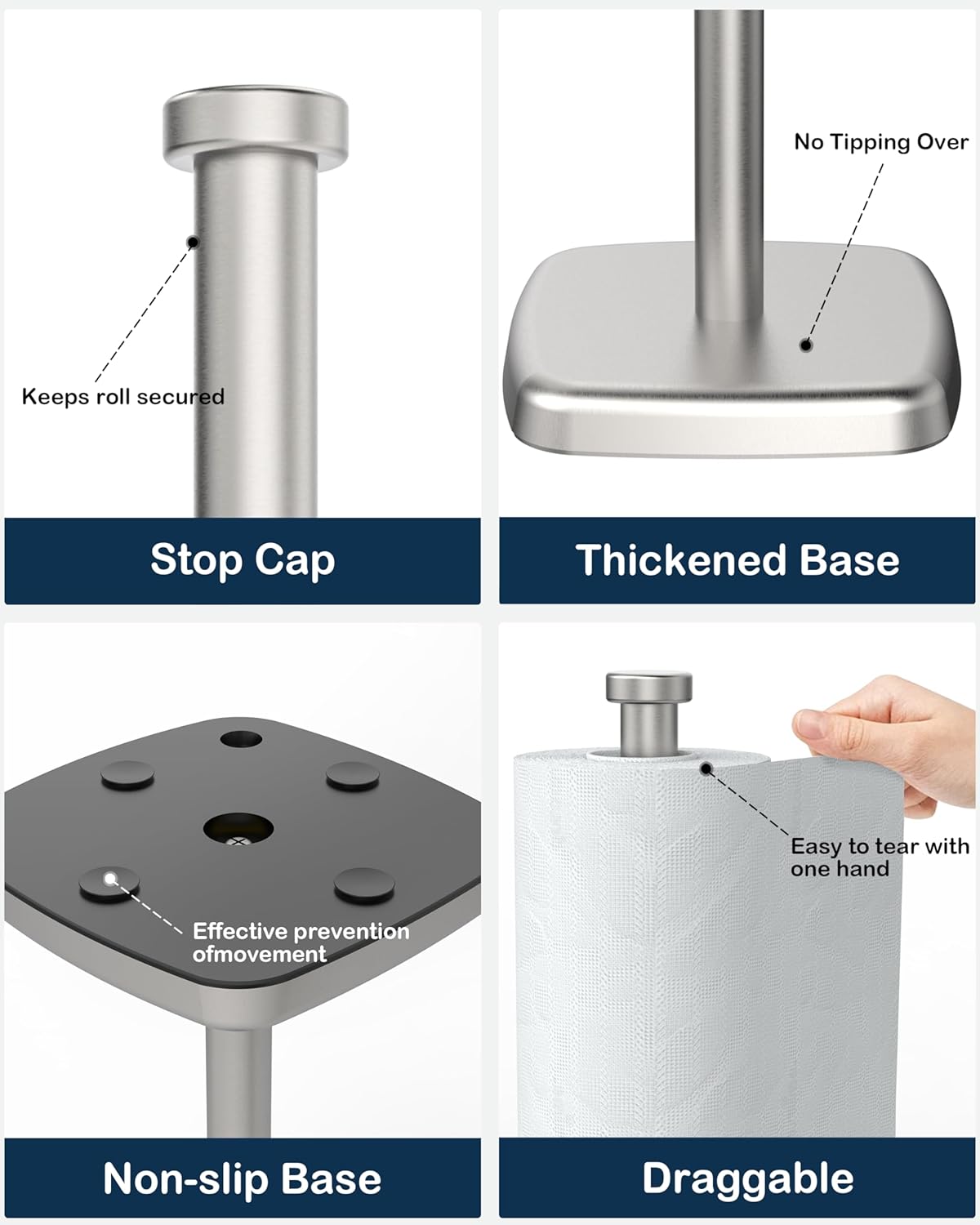 Paper Towel Holder Countertop, Paper Towel Dispenser Standing Weighted Base Non-Slip, Fit Most Size Tissue Roll, Stainless Steel Paper Towel for Home Kitchen Countertop Tabletop, Sliver