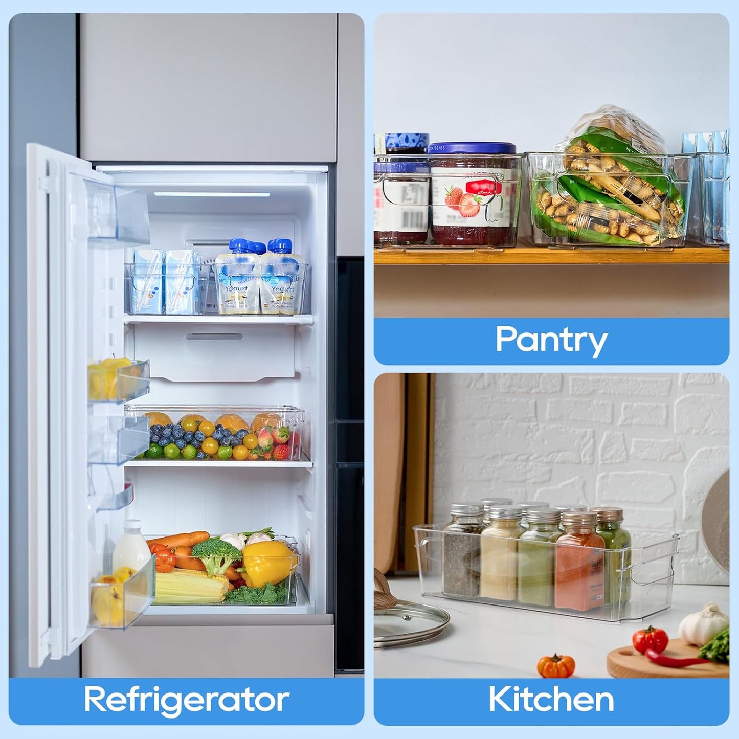 JollyPack 8 Pack Clear Plastic Storage Bins, Refrigerator Organizers and Storage with Handles for Fridge, Pantry, Kitchen, Bathroom, Office, and Cabinet Organization