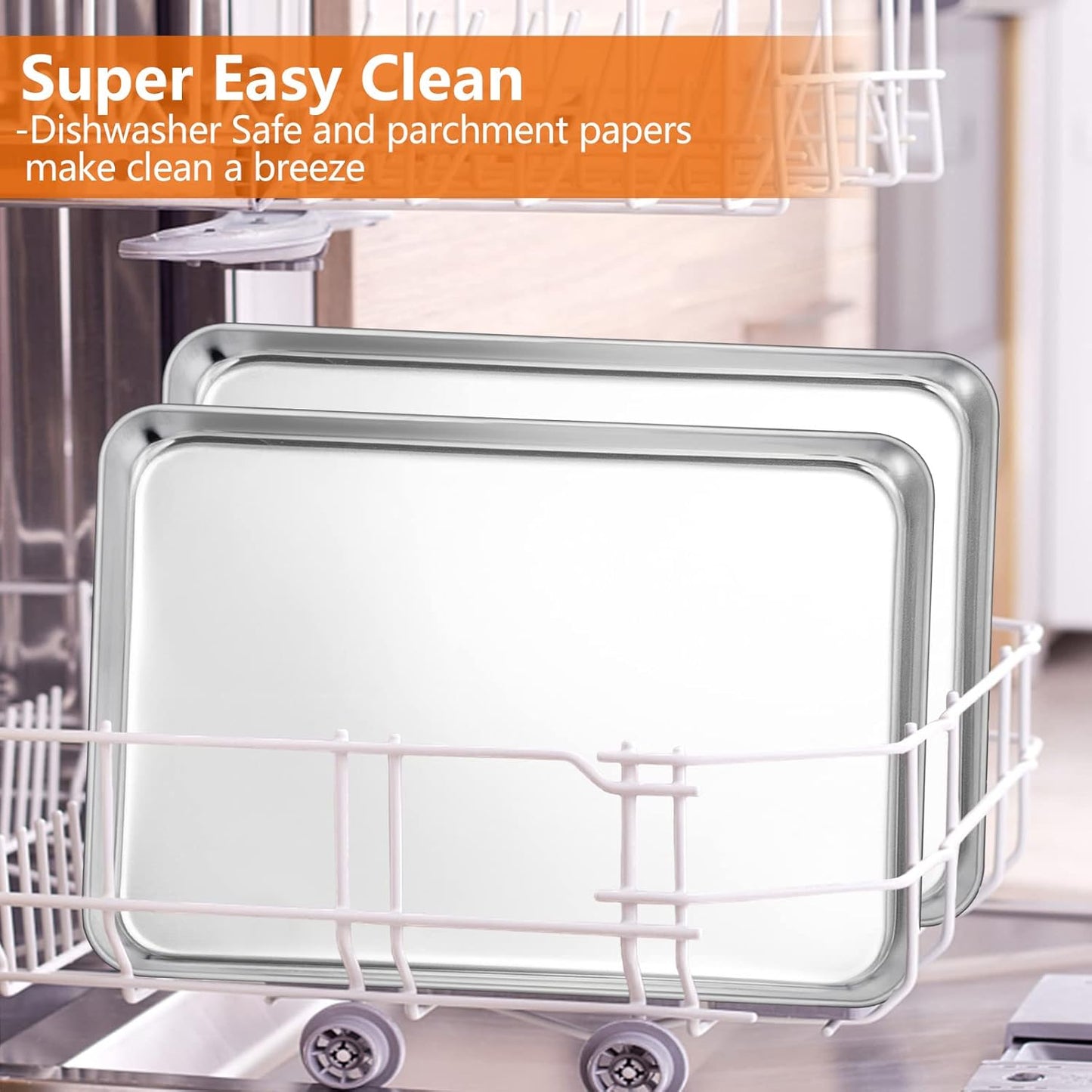 Large Baking Sheet, E-far 18”x13” Stainless Steel Cookie Sheet Pan for Oven with 50 Parchment Paper, Rectangle Metal Baking Tray for Roasting, Rust Free & Heavy Duty, Dishwasher Safe-2 Pack