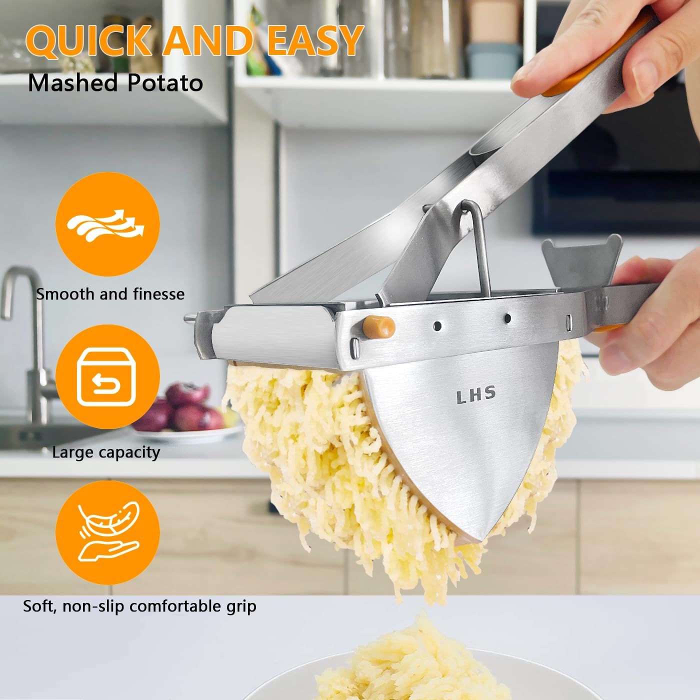 LHS Stainless Steel Potato Ricer and Masher, Heavy Duty Commercial Food Masher, Ergonomic Comfort Grip, Extra Large Capacity, Dishwasher Safe (Orange)