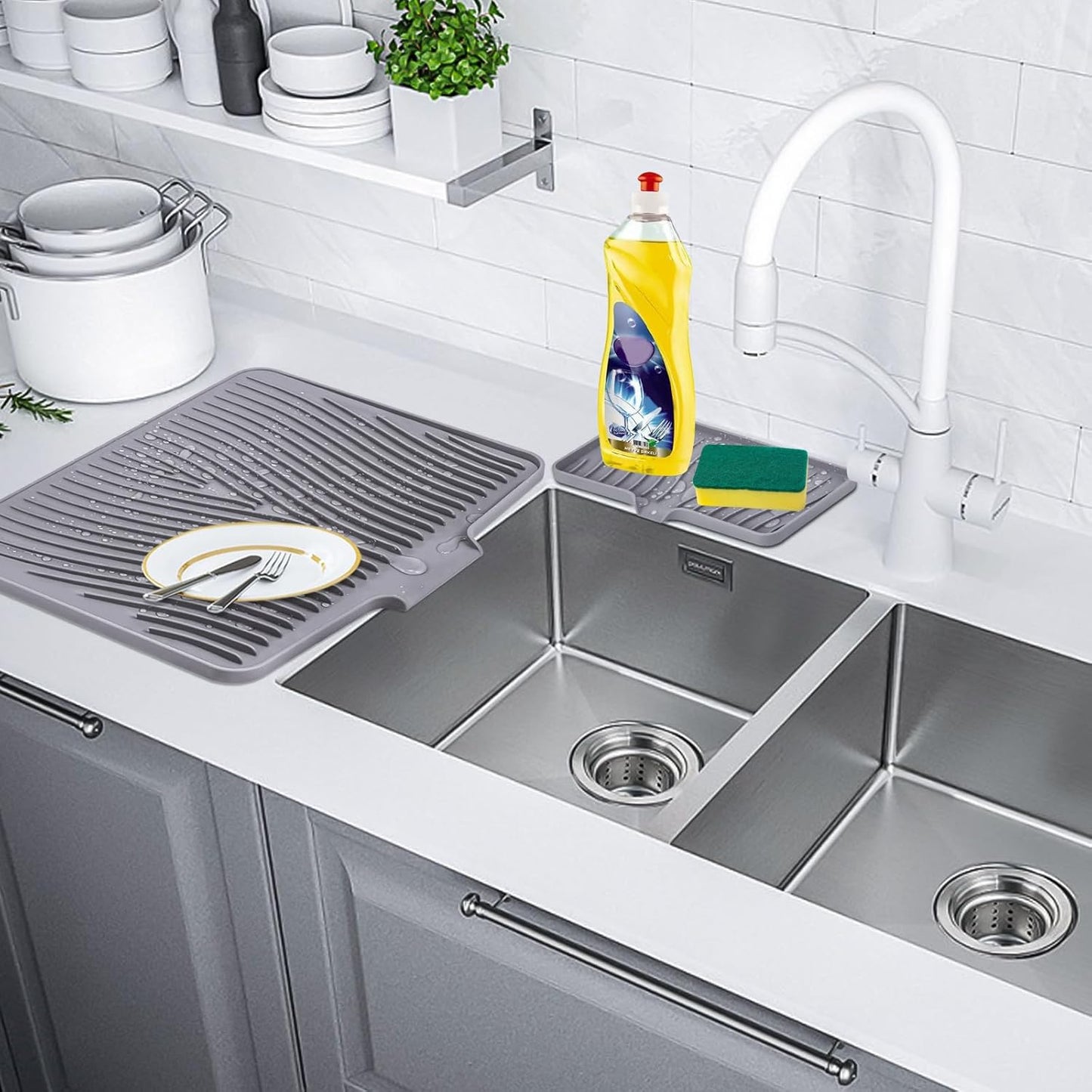 Silicone Dish Drying Mat for Kitchen Counter, Dish Drying Pad, Non-Slip Drain Pad with Built-in Drain, Heat Resistant Stone Drying Mat, 1 set XL(Grey)