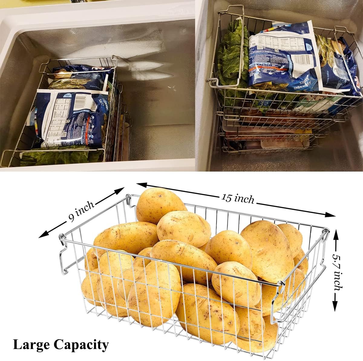 Orgneas Stackable Chest Freezer Baskets Organizer Bins, Metal Wire Baskets Pantry Organizer Produce Baskets with Tag Slot for Snacks Vegetables and Fruits