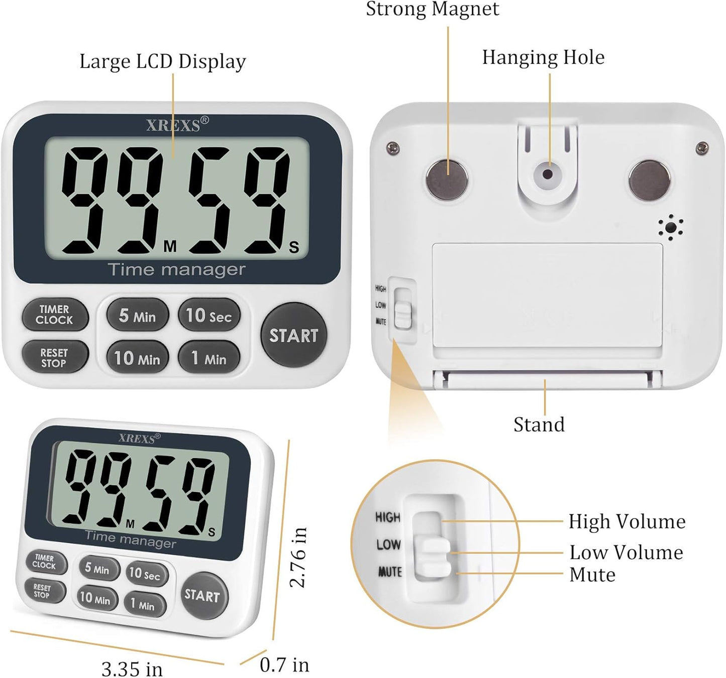 XREXS Digital Kitchen Timer, Magnetic Countdown Up Cooking Timer Clock with Large LCD Display, Adjustable Volume, Loud Alarm & Strong Magnet Classroom Timer for Teachers (Batteries Included)