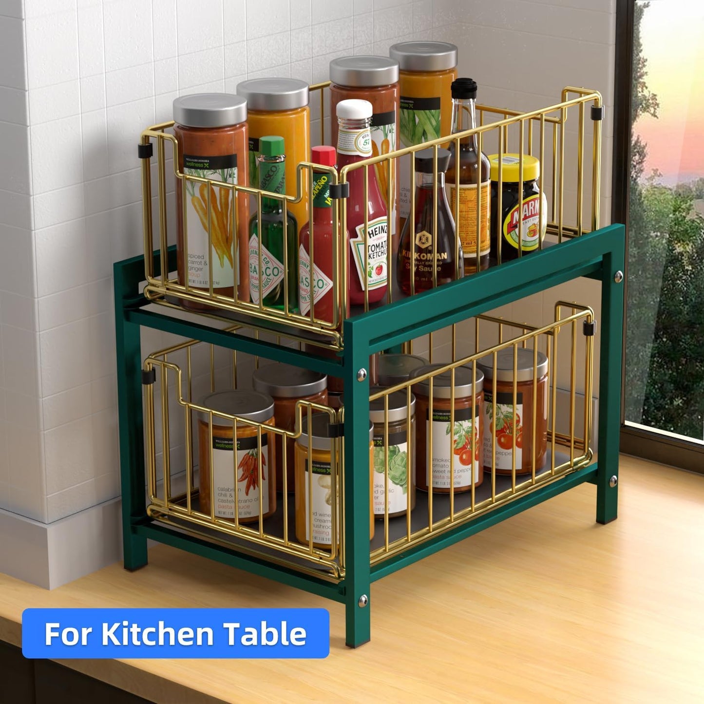 2 Tier Sliding Basket Drawer Organizer, Lxmons Pull Out Under Sink Cabinets Organizers, Metal Home Shelf for Bathroom or Kitchen, Sliding Countertop or Pantry Storage Shelf, Large Gold Green