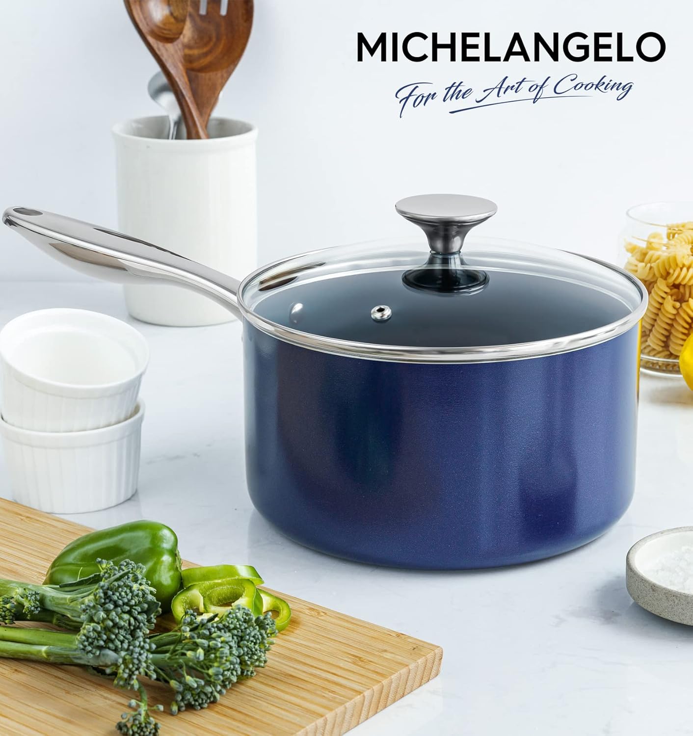MICHELANGELO Sauce Pan with Lid, Ceramic Saucepan Set, 1.5Qt & 2Qt & 3Qt Sauce Pan Sets, Nonstick Saucepans with Lids, Small Pots with Stainless Steel Handle, Oven Safe, Blue