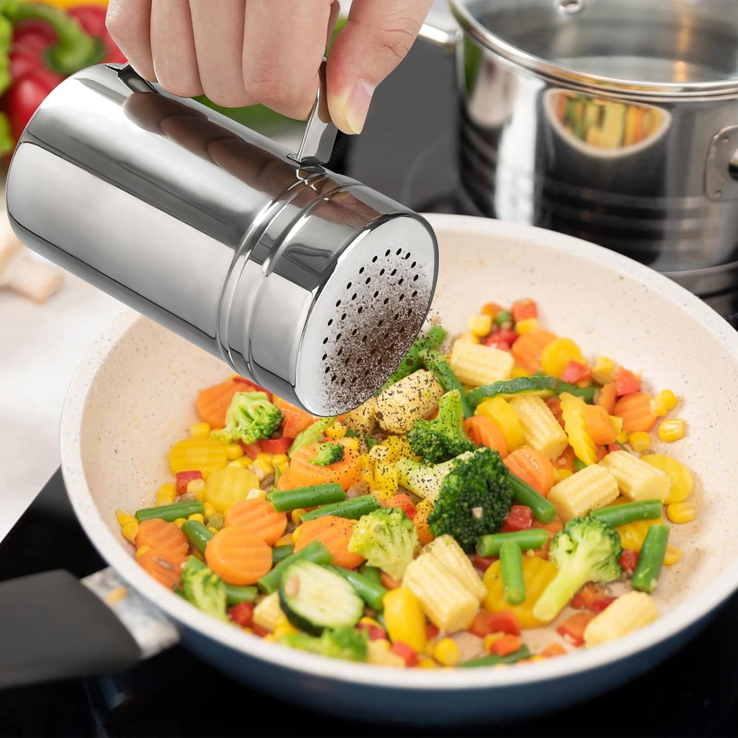 Accmor 2pcs Stainless Steel Dredge, Salt Pepper Dredge Shakers with Handle, Seasonings Spice Shakers with Lid, 14 Ounce