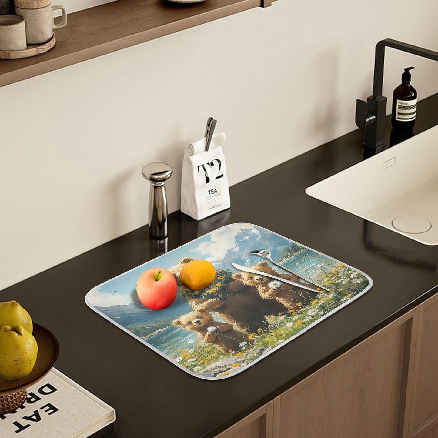 Three Bear Dish Drying Mat for Kitchen Counter Absorbent Microfiber Large Drying Pad Dandelion Wildflowers Dish Mats for Kitchen Countertops 18 x 24 Inch