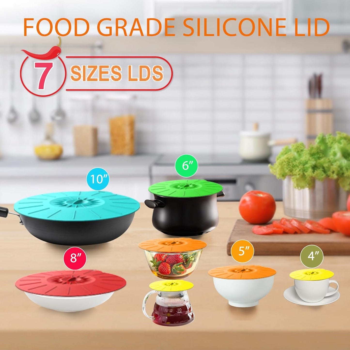 7 Pack Silicone Lids, Microwave Splatter Cover, 5 Sizes Reusable Heat Resistant Food Suction Lids fits Cups, Bowls, Plates, Pots, Pans, Skillets, Stove Top, Oven, Fridge BPA Free