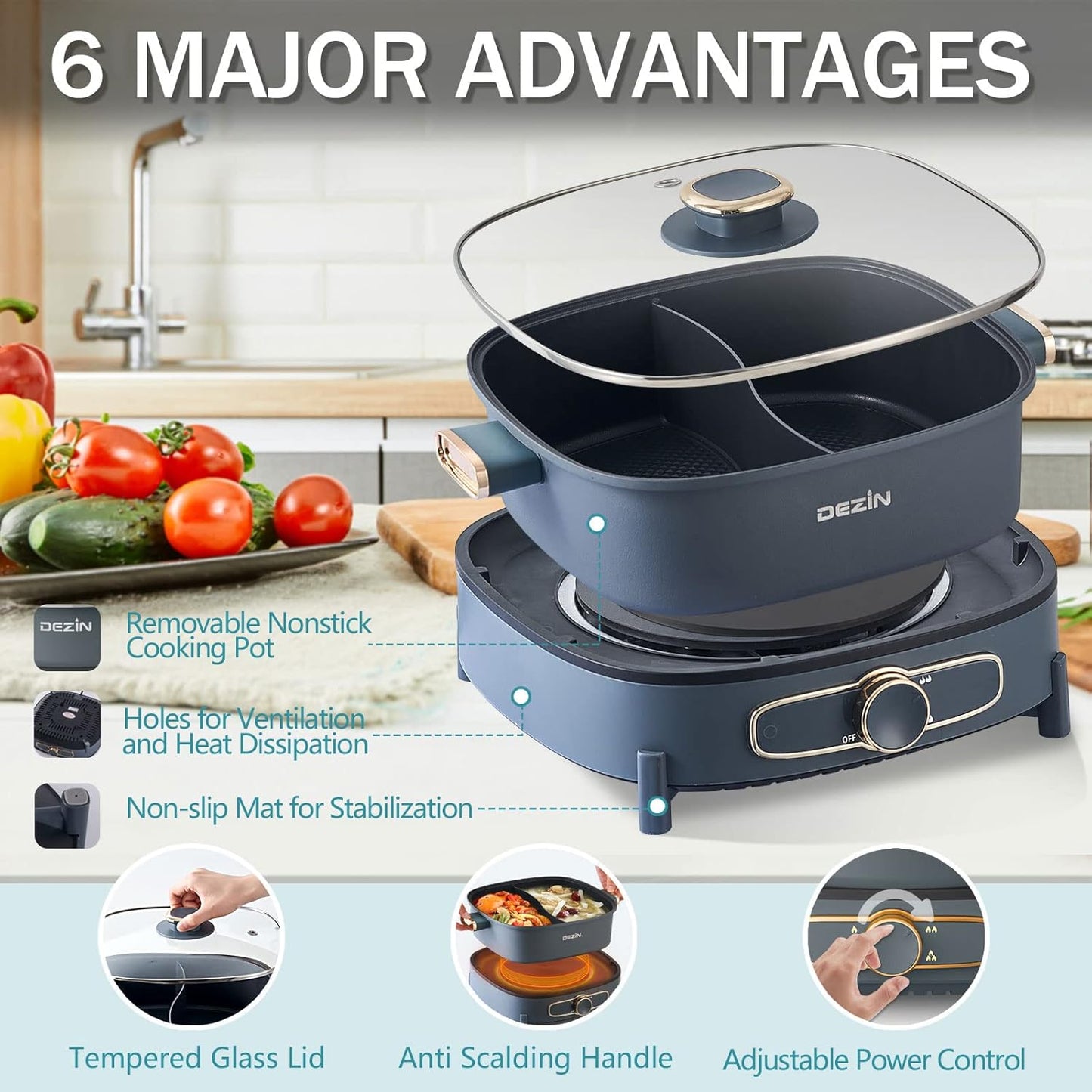 Dezin Hot Pot Electric with Divider, 5.5L Double-Flavor Electric Shabu Shabu Pot, Removable Non-Stick Dual Sided Electric Cooker, 3" Depth Divided Pot with Multi-Power Control, 2 Silicone Ladles