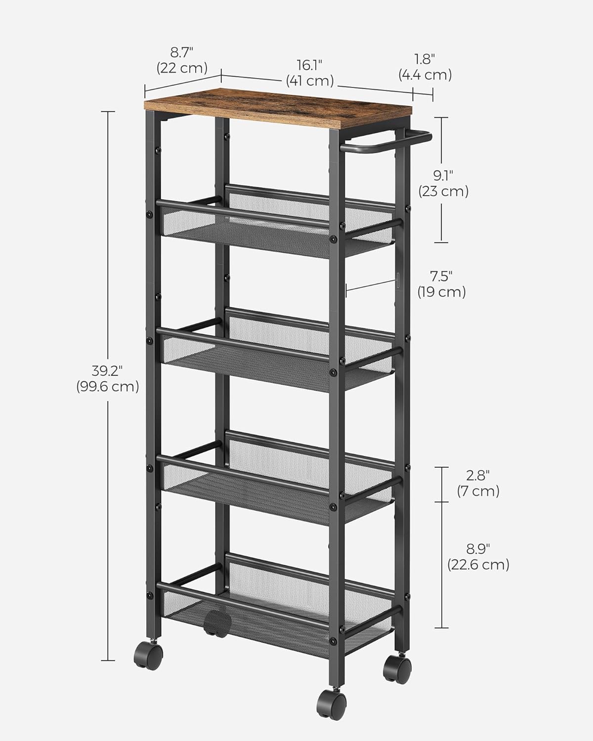 VASAGLE Slim Rolling Cart, 5-Tier Storage Cart, Narrow Cart with Handle, 8.7 Inches Deep, Metal Frame, for Kitchen, Dining Room, Living Room, Home Office, Rustic Brown and Classic Black ULRC035B01