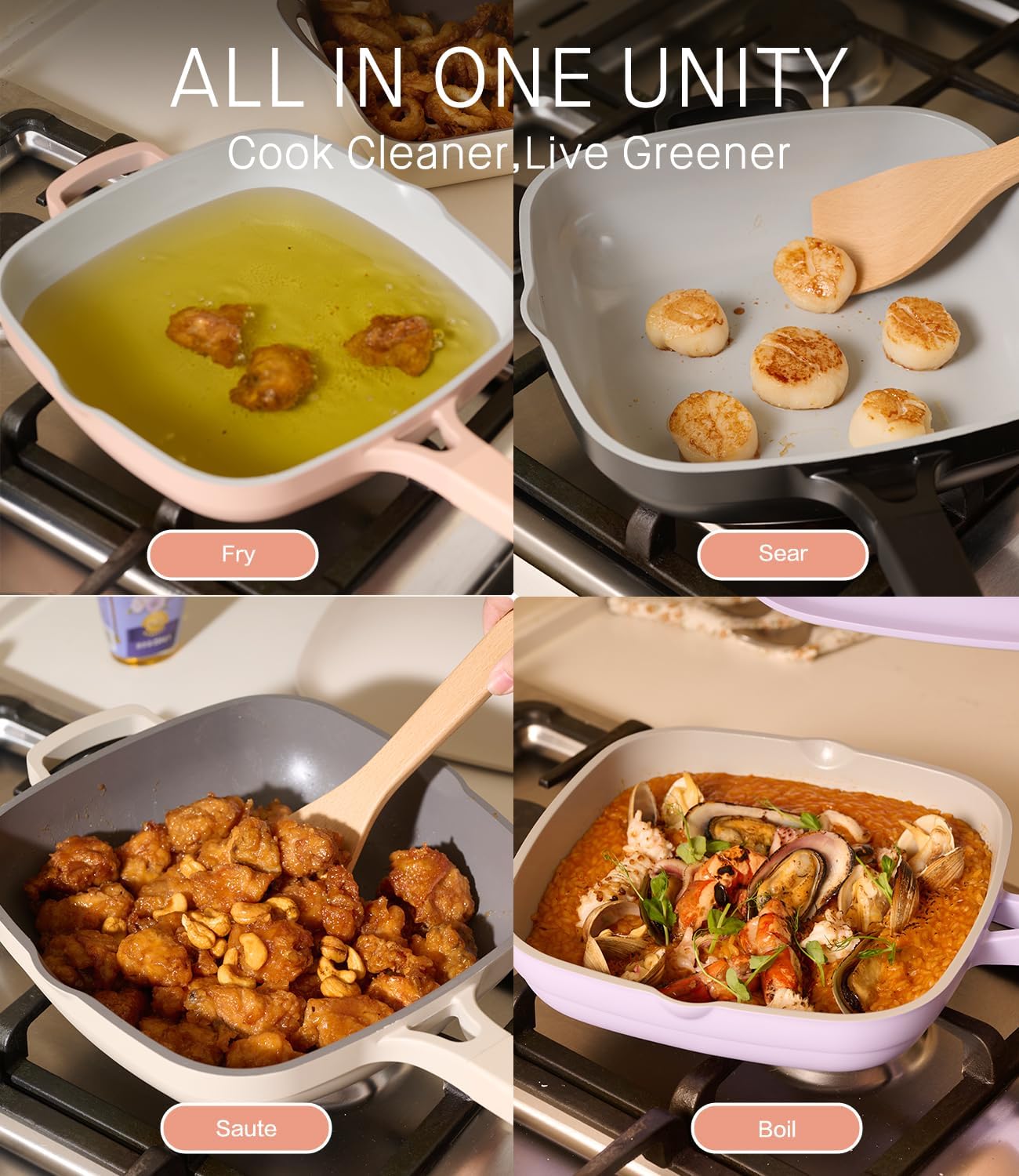 10.5 Inch(3.8QT) Deep Frying Pan,Non Stick Frying Pans Cast Aluminum,Ti-Ceramic Non Toxic Pix Pan with Lid,Natural Wooden Spatula and Loofah Scrubber-Desert Clay