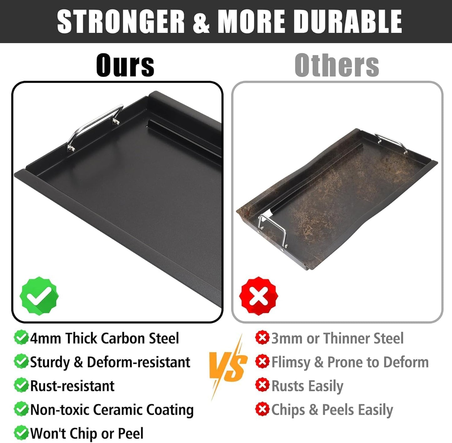 Full Size Griddle with Handles for Kitchen Aid 720-0733 720-0954, Flat Top Grill Insert Replacement for Kitchen Aid 720-0733D 720-0954R, Carbon Steel, Non-stick