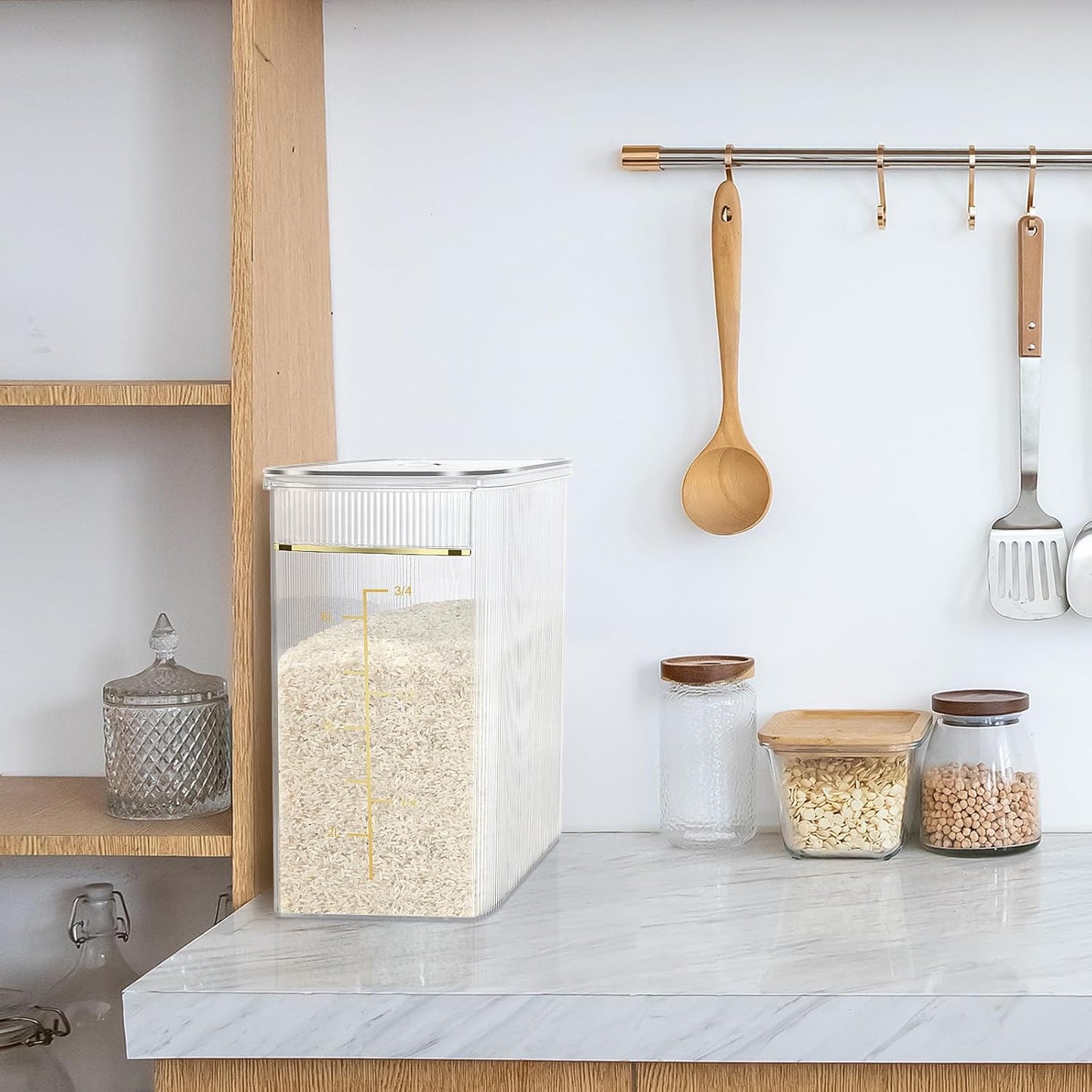 Rice Storage Container 15-20 Lbs, Tall & Narrow Food Storage Container with Measuring Scoop for Dry Goods Rice Flour Pet Food Bath Salt Storage, Clear Plastic Bin with Lid for Pantry Storage