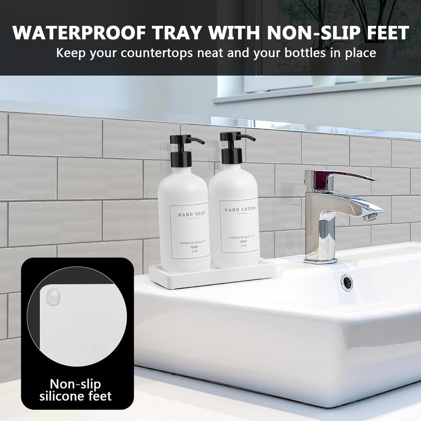 Kitchen Soap Dispenser - Hand and Dish Soap Dispenser Set, Bathroom Glass Soap and Lotion Dispenser with Pump, Tray, 14 Waterproof Labels, Set of 2 White Bottle/Black Pump-pd