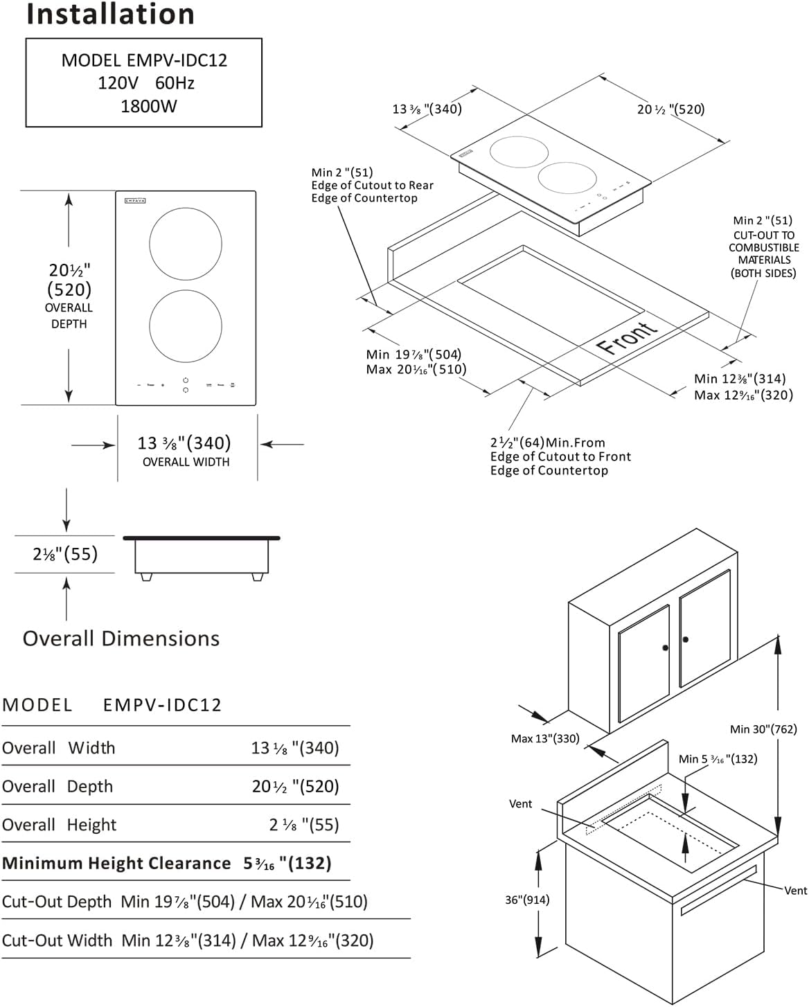 Empava Electric Stove Induction Cooktop Vertical with Dual Burners Vitro Smooth Surface 120V, 12 Inch, Black Ceramic Glass