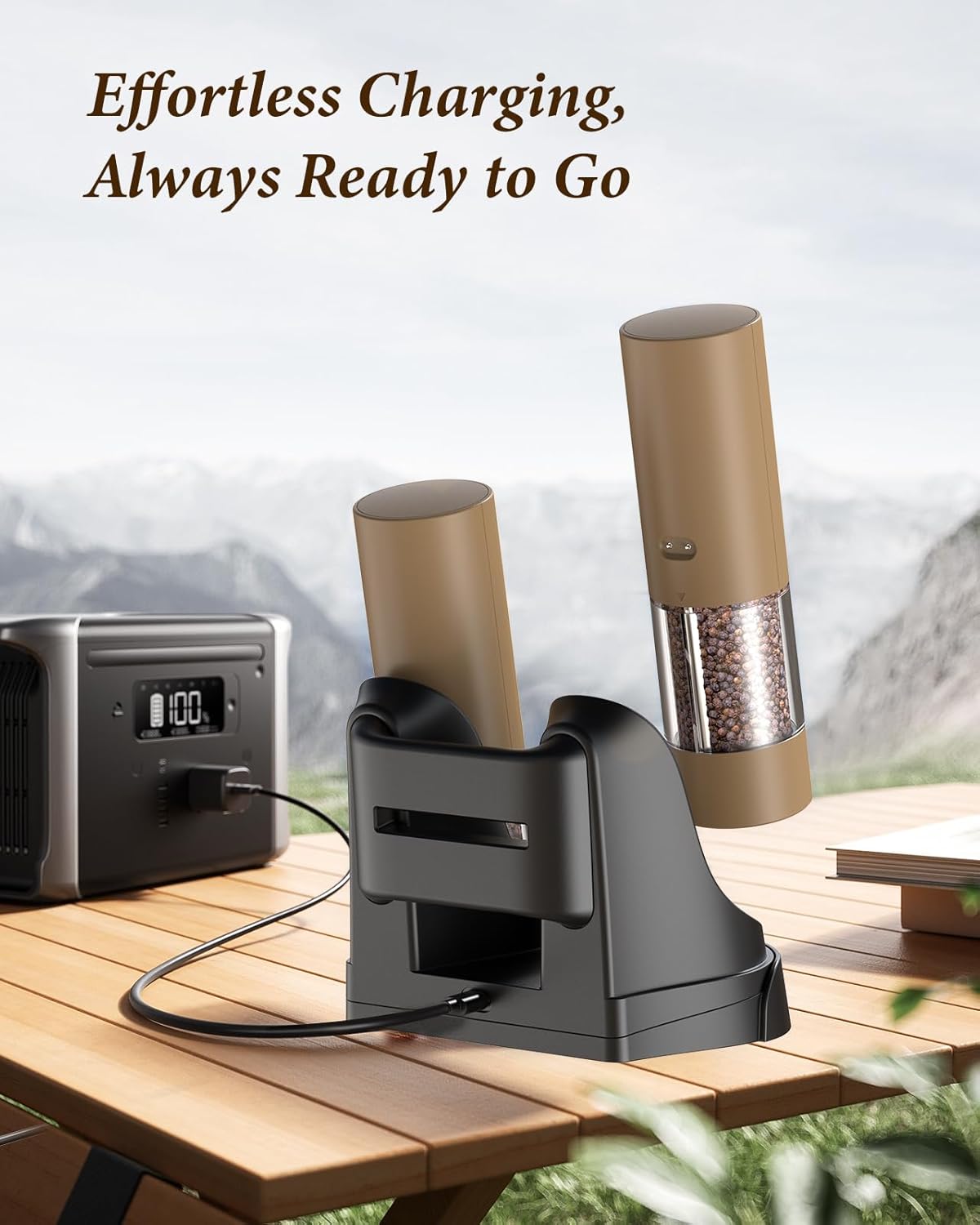 Electric Salt and Pepper Grinder Set - Automatic Refillable Salt and Pepper Grinders with Charging Base & LED Light, 6-Level Adjustable Coarseness with External Dial, Ideal Kitchen Gadget,Brown