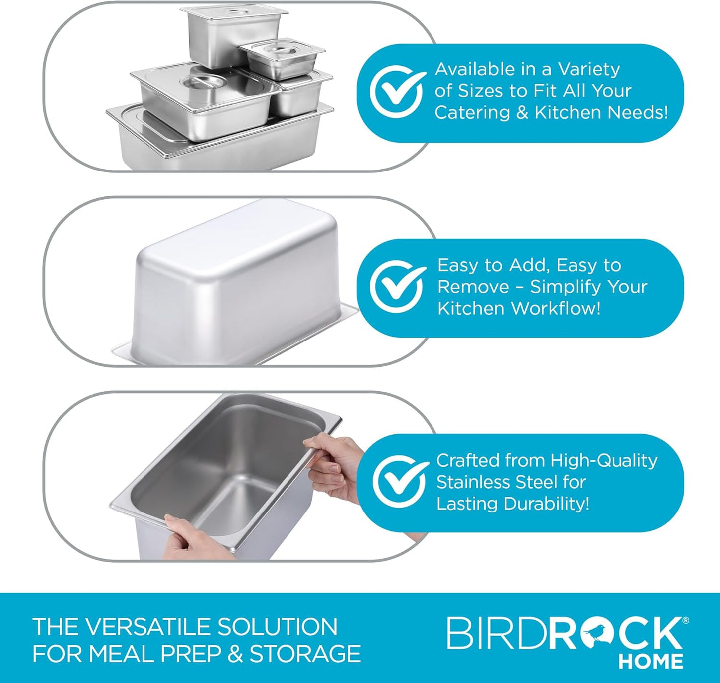 BIRDROCK HOME Stainless Steel Steam Table Pan - Hotel, Restaurant & Catering Supplies - 24 Gauge Steel, 6.2 qt Capacity - Meal Prep, Cooking, &Food Storage Container - 6" Depth, 1/3-Size (6 Pack)